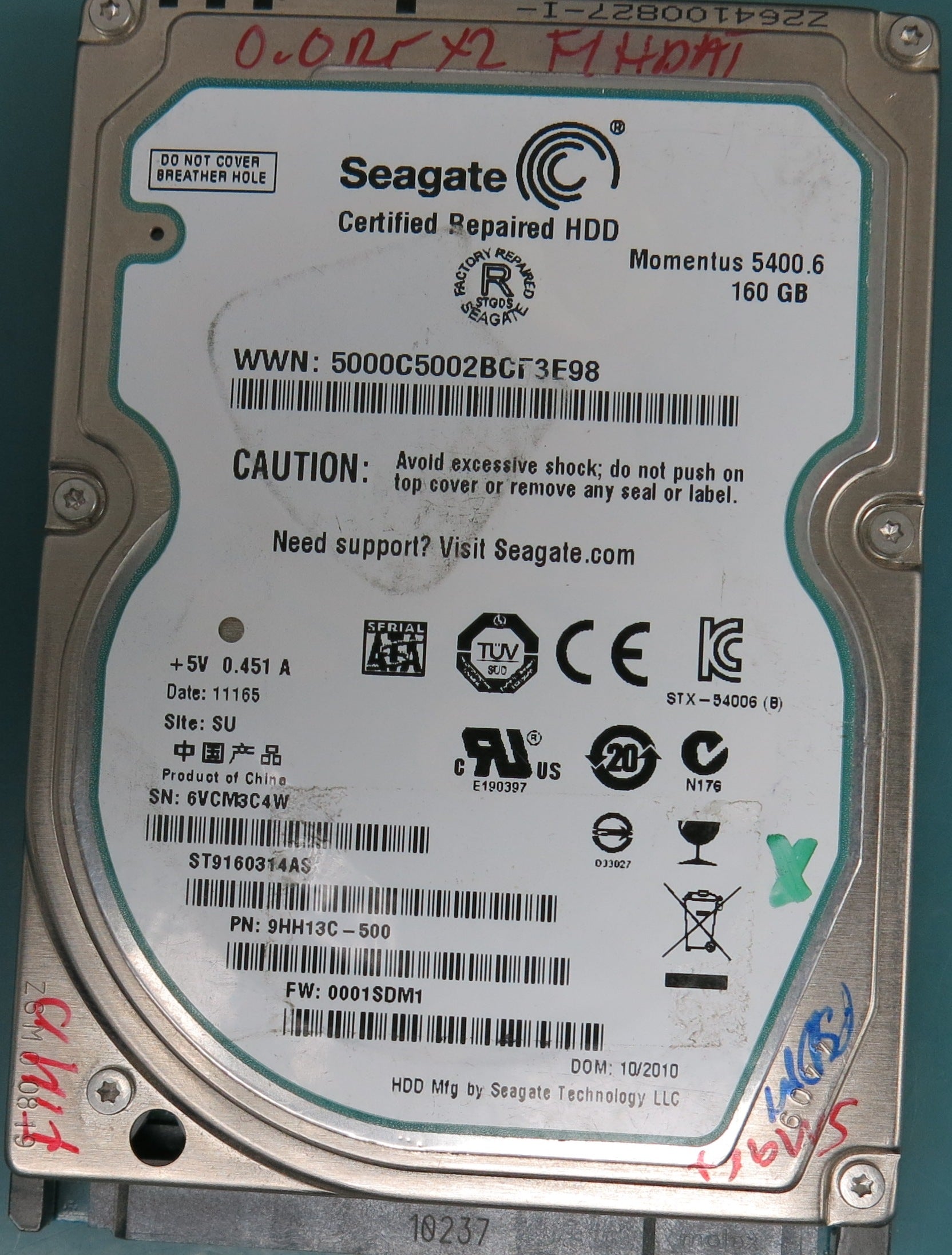 ST9160314AS, Part Number:  9HH13C-500, Serial Number: 6VCM3C4W,  FW: 0001SDM1,  160GB 2.5,  PCB: 100536286 REV E,