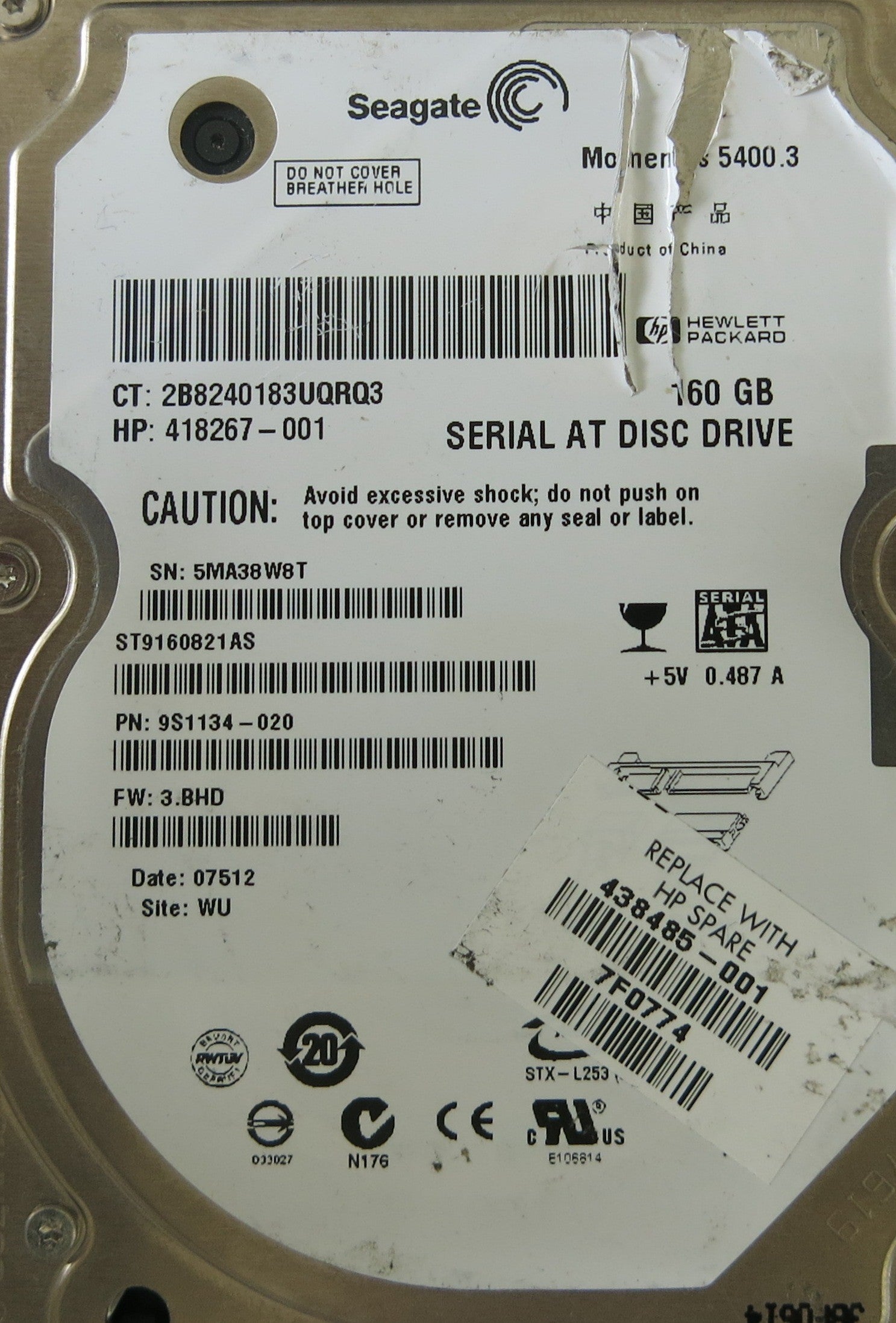 ST9160821AS FW 3.BHD P/N 9S1134-020 100398689 REV C PCB