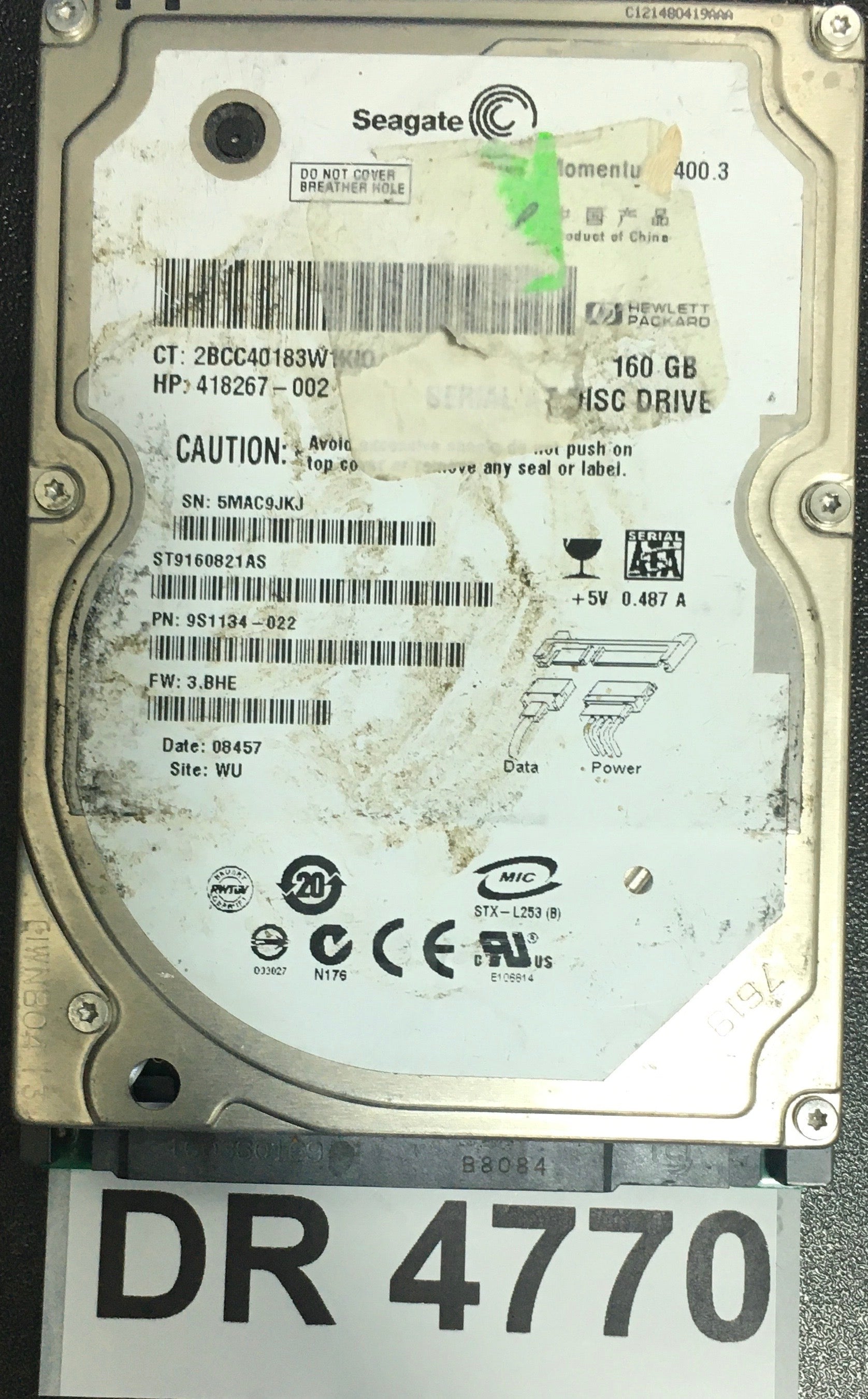 ST9160821AS,  P/N: 9S1134-022,  FW: 3.BHE,  Serial: 5MAC9JKJ,  160GB 2.5,  PCB: 100398689- REV C,