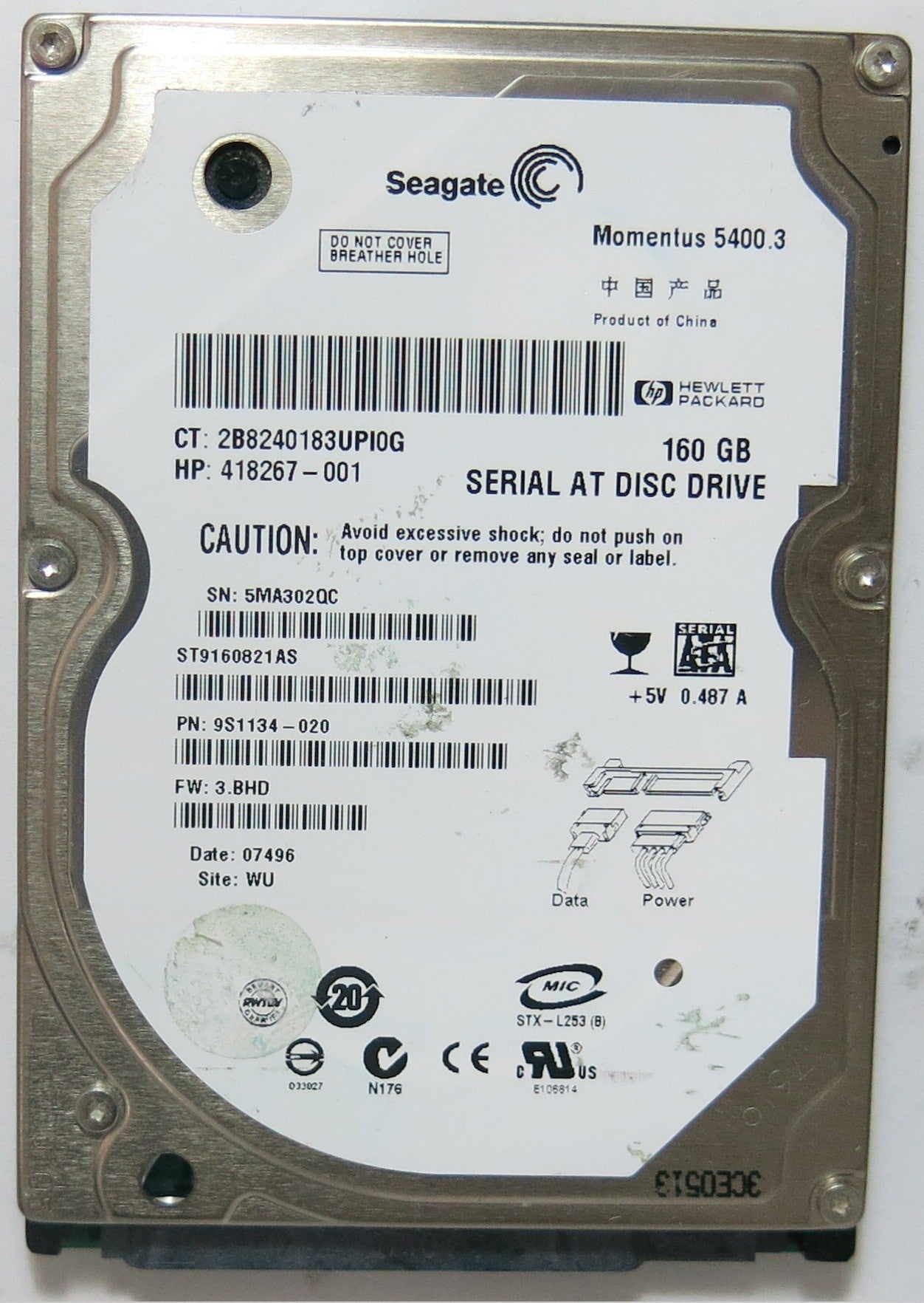 ST9160821AS, PCB: 100398689 REV C, SERIAL NUMBER: 5MA302QC, PN: 9S1134'020, FW: 3.BHD, 160GB,