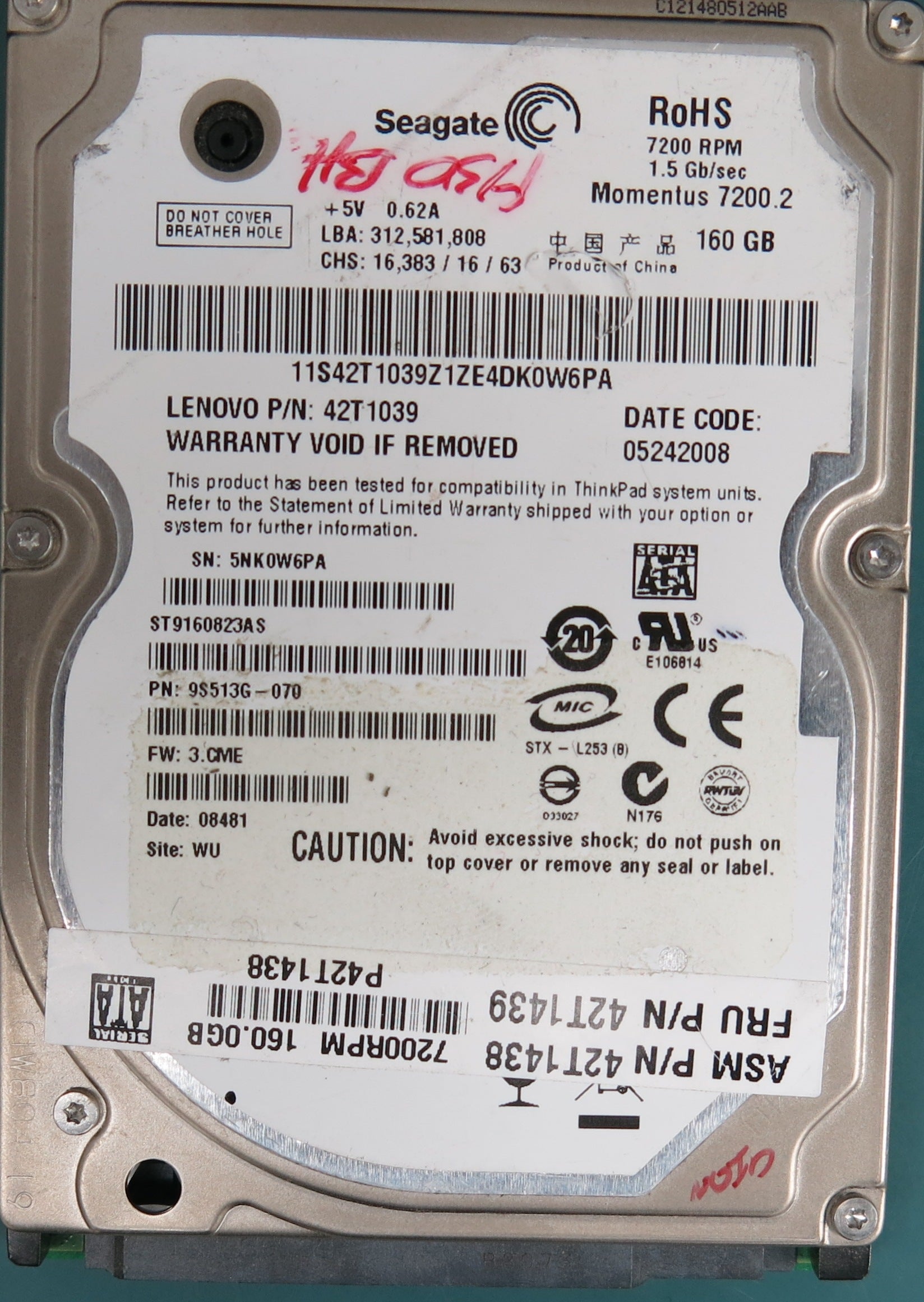 ST9160823AS, P/N:  9S513G-070, FW: 3.CME, 160GB 2.5