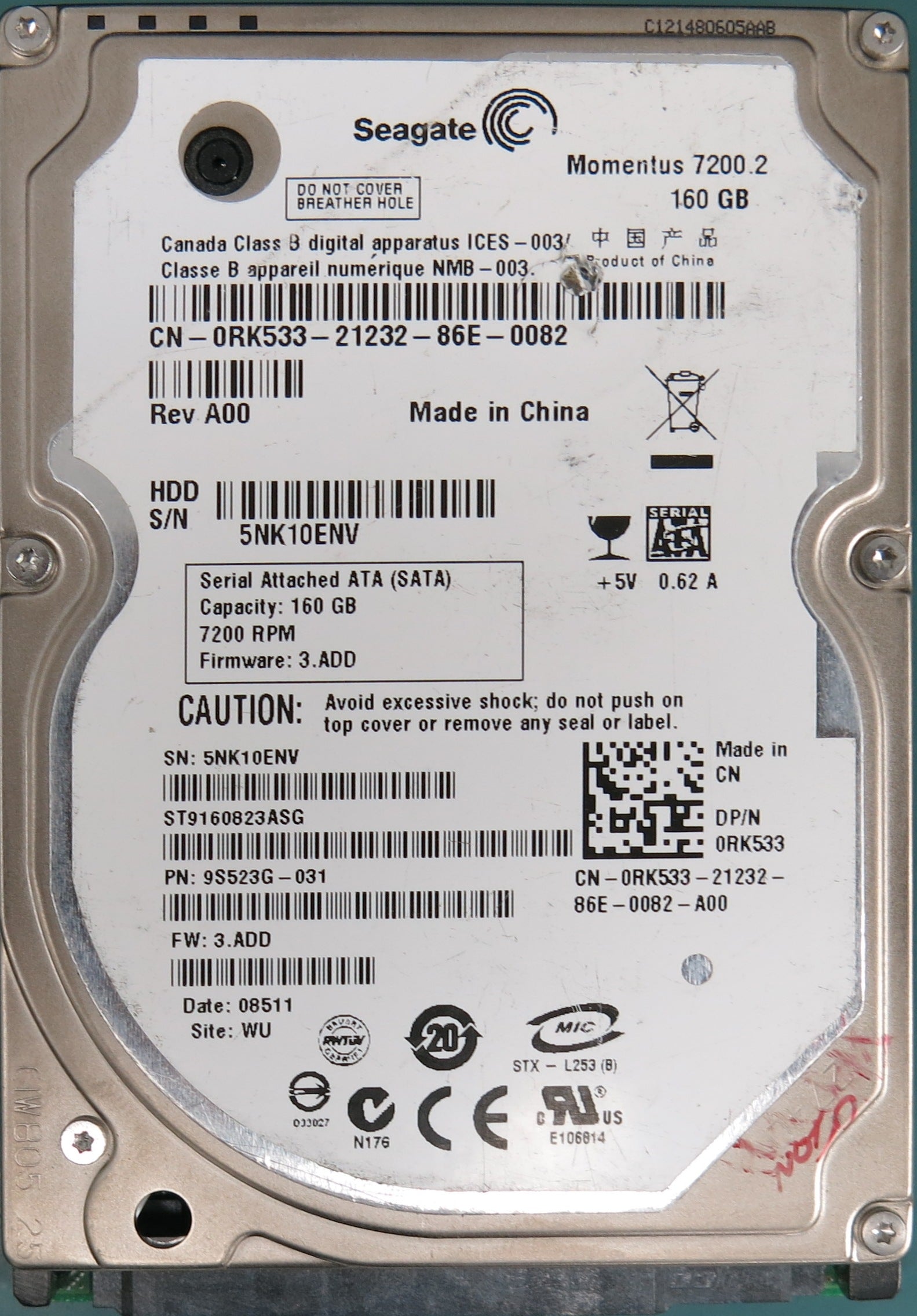 ST9160823ASG, P/N:  9S523G-031, FW: 3.ADD, 160GB 2.5