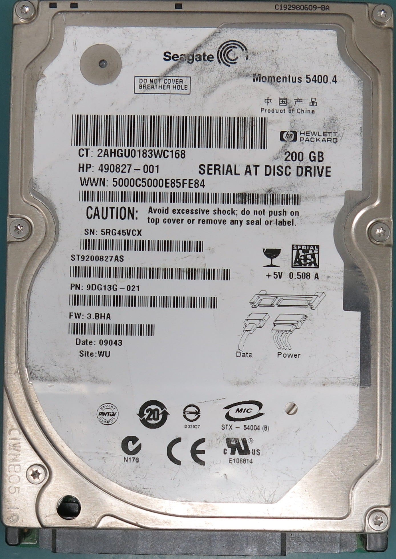 ST9200827AS P/N:  9DG13G-021  FW: 3.BHA Serial Number:  5RG45VCX  200GB 2.5  PCB: 100434444 REV A