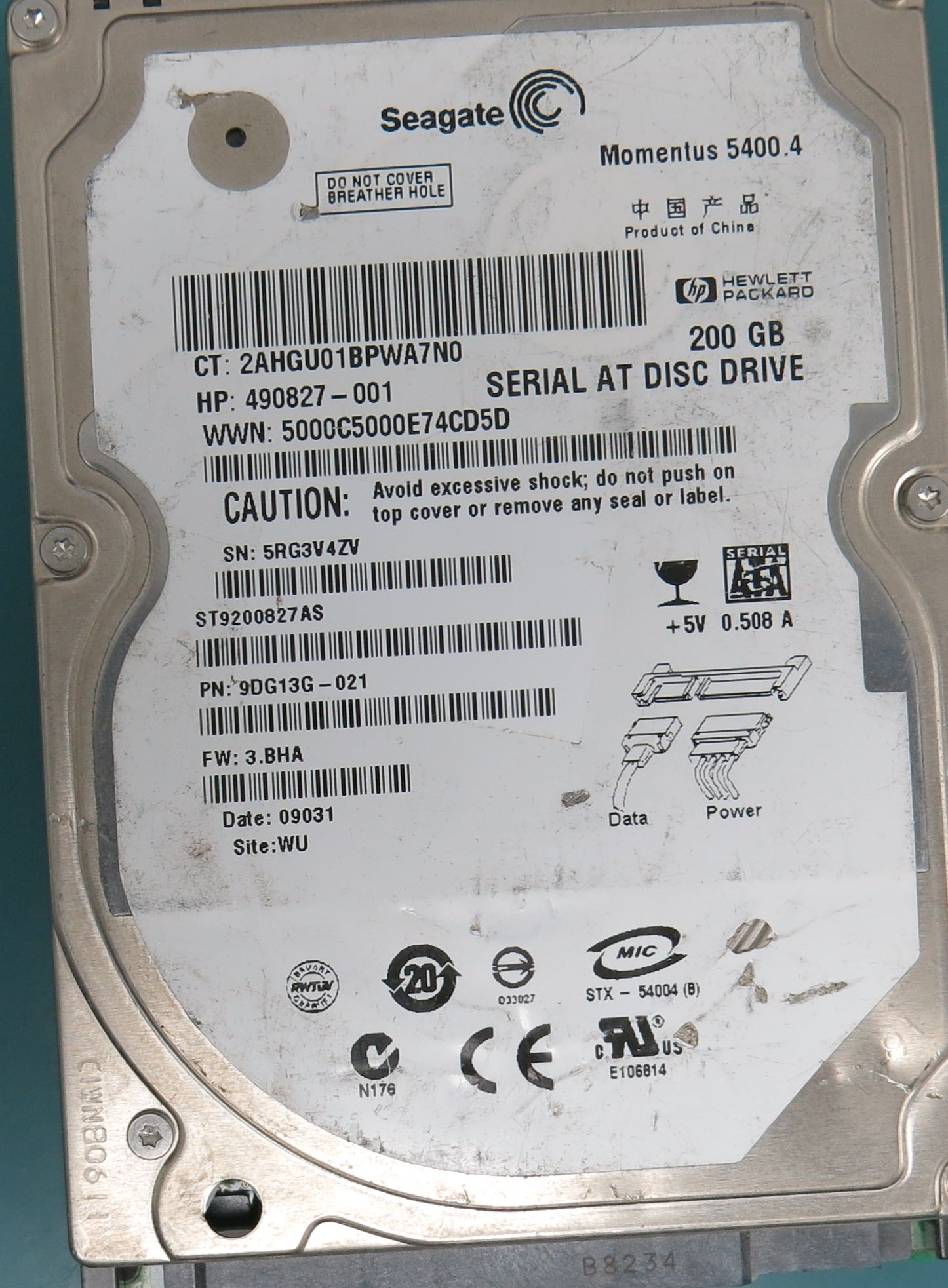 ST9200827AS, Part Number:  9DG13G-021, Serial Number: 5RG3V4ZV,  FW: 3.BHA,  200GB 2.5,  PCB: 100484444 REV A,