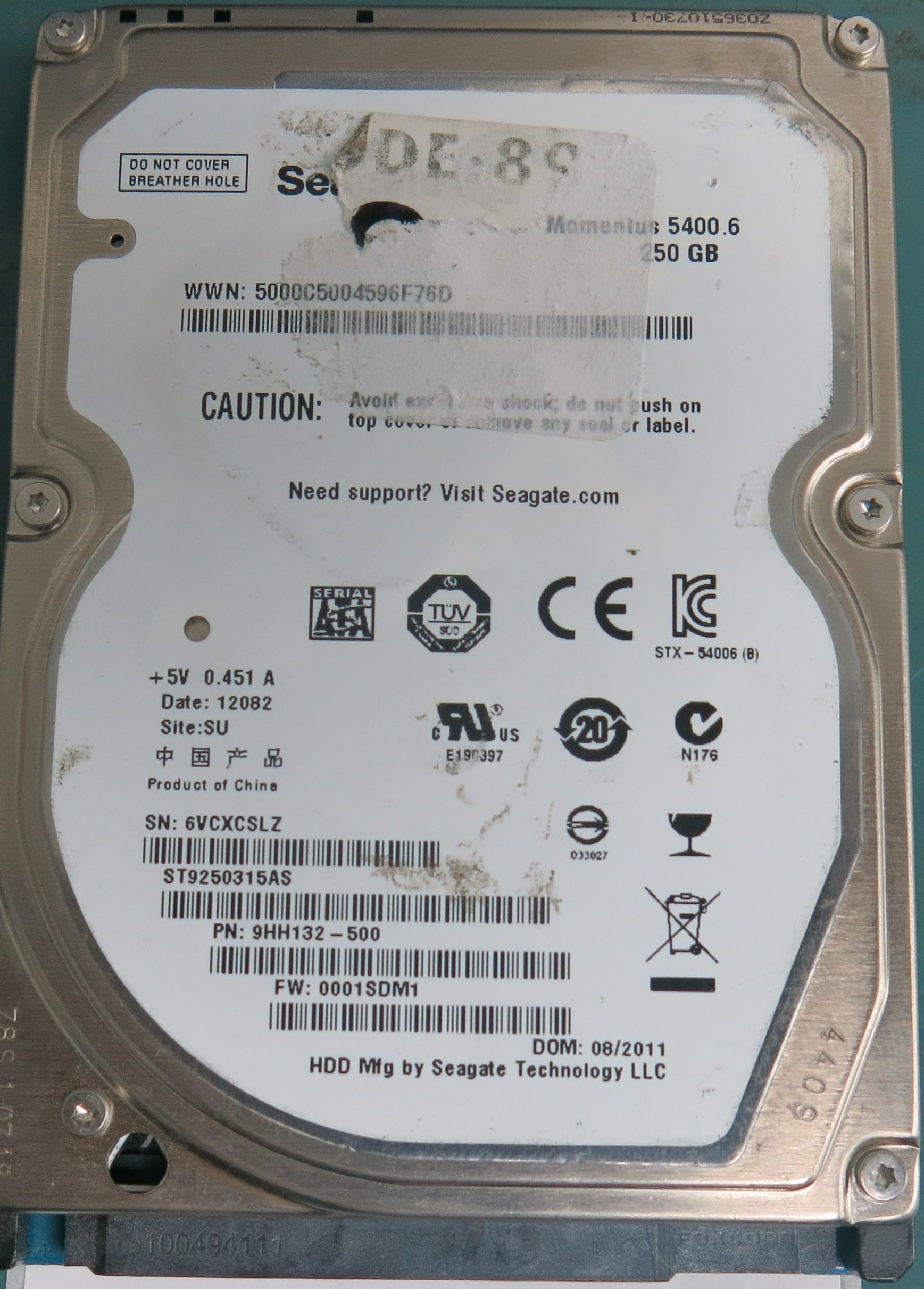 ST9250315AS, 9HH132-500, FW: 0001SDM1, Serial: 6VCXCSLZ, 250GB 2.5