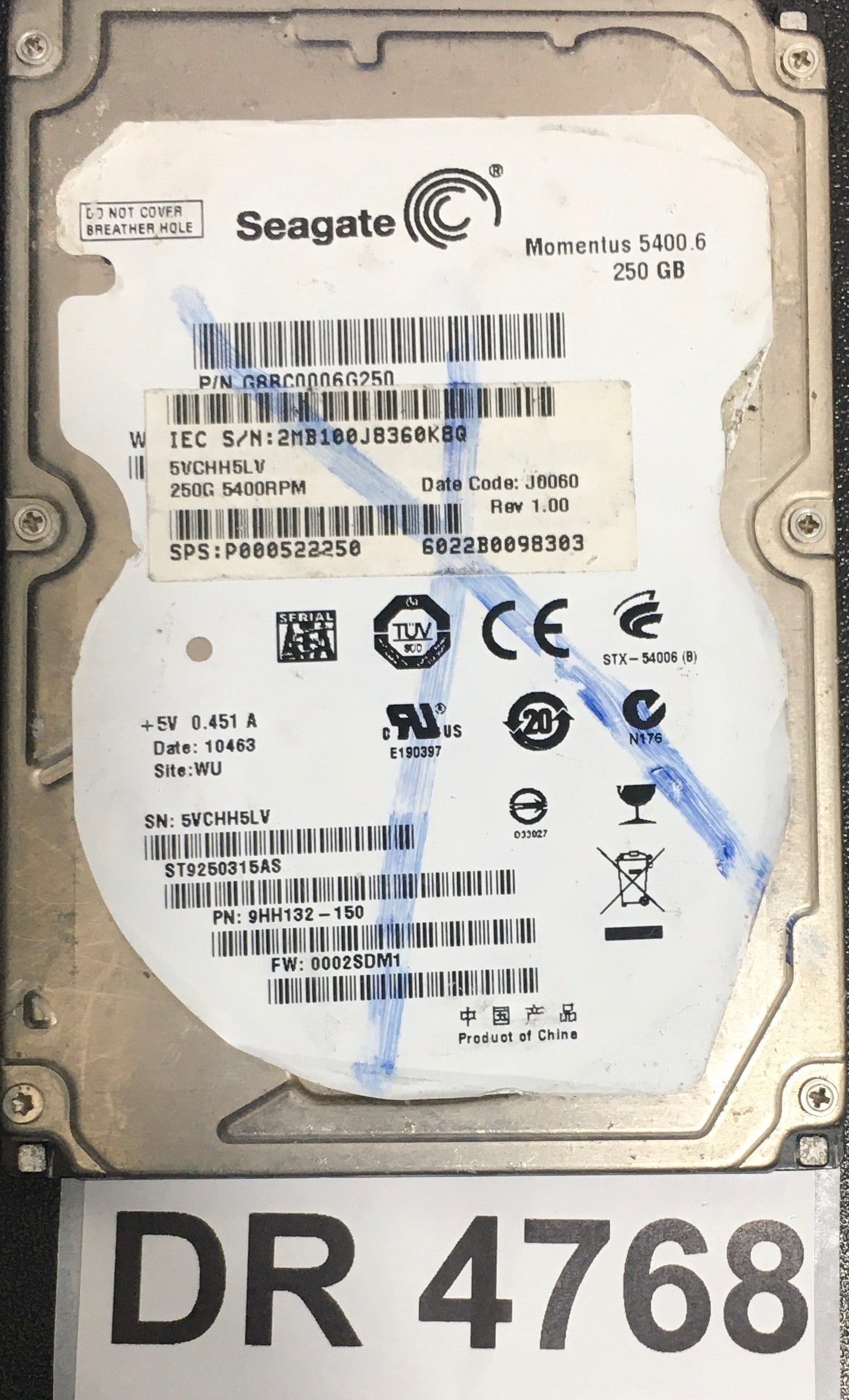 ST9250315AS,  P/N: 9HH132-150,  FW: 0002SDM1,  Serial: 5VCHH5LV,  250GB 2.5,  PCB: CA26338-B74104BA TP1,