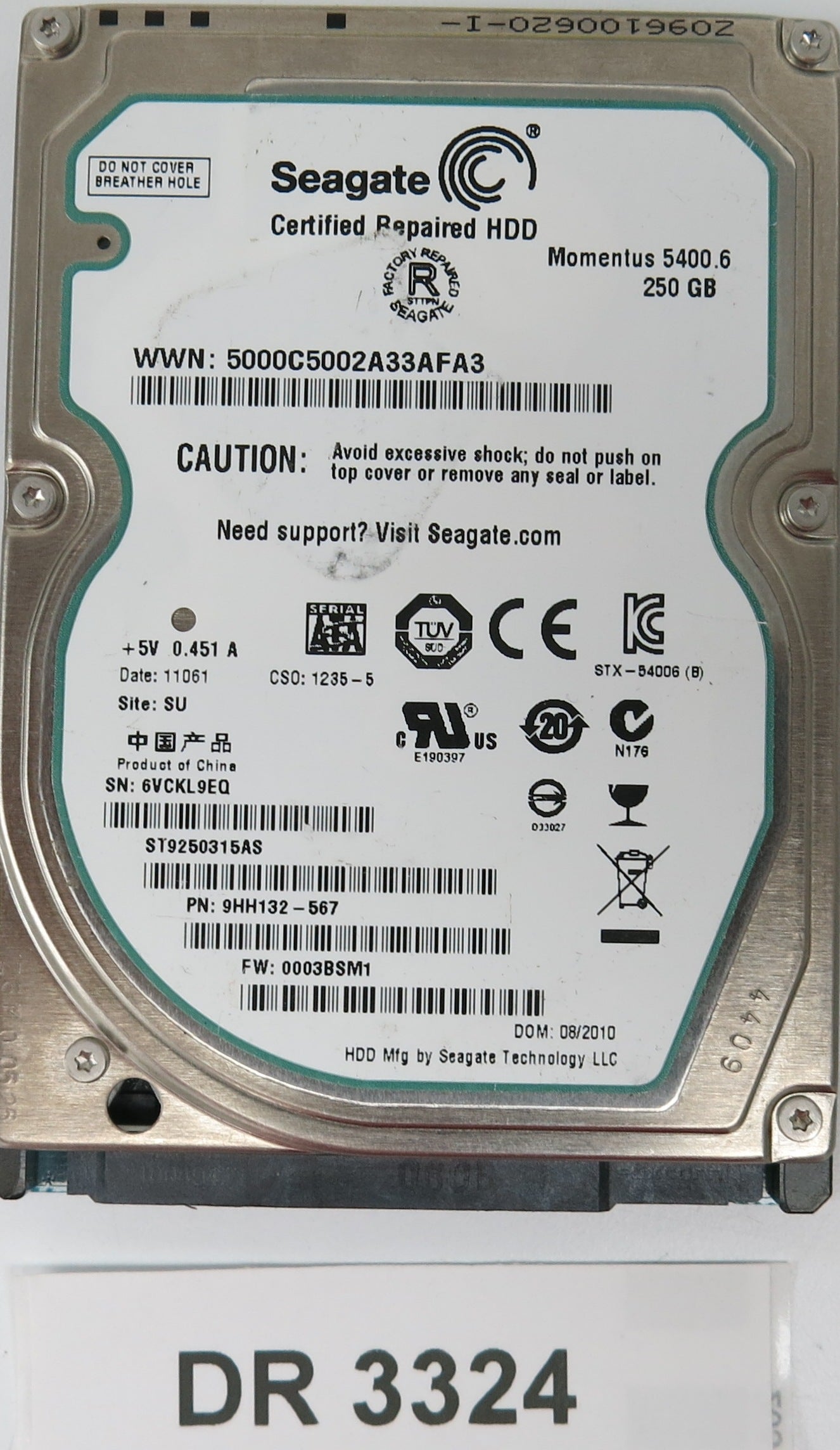 ST9250315AS P/N: 9HH132-567, FW: 0003BSM1, Serial: 6VCKL9EQ, 250GB 3.5