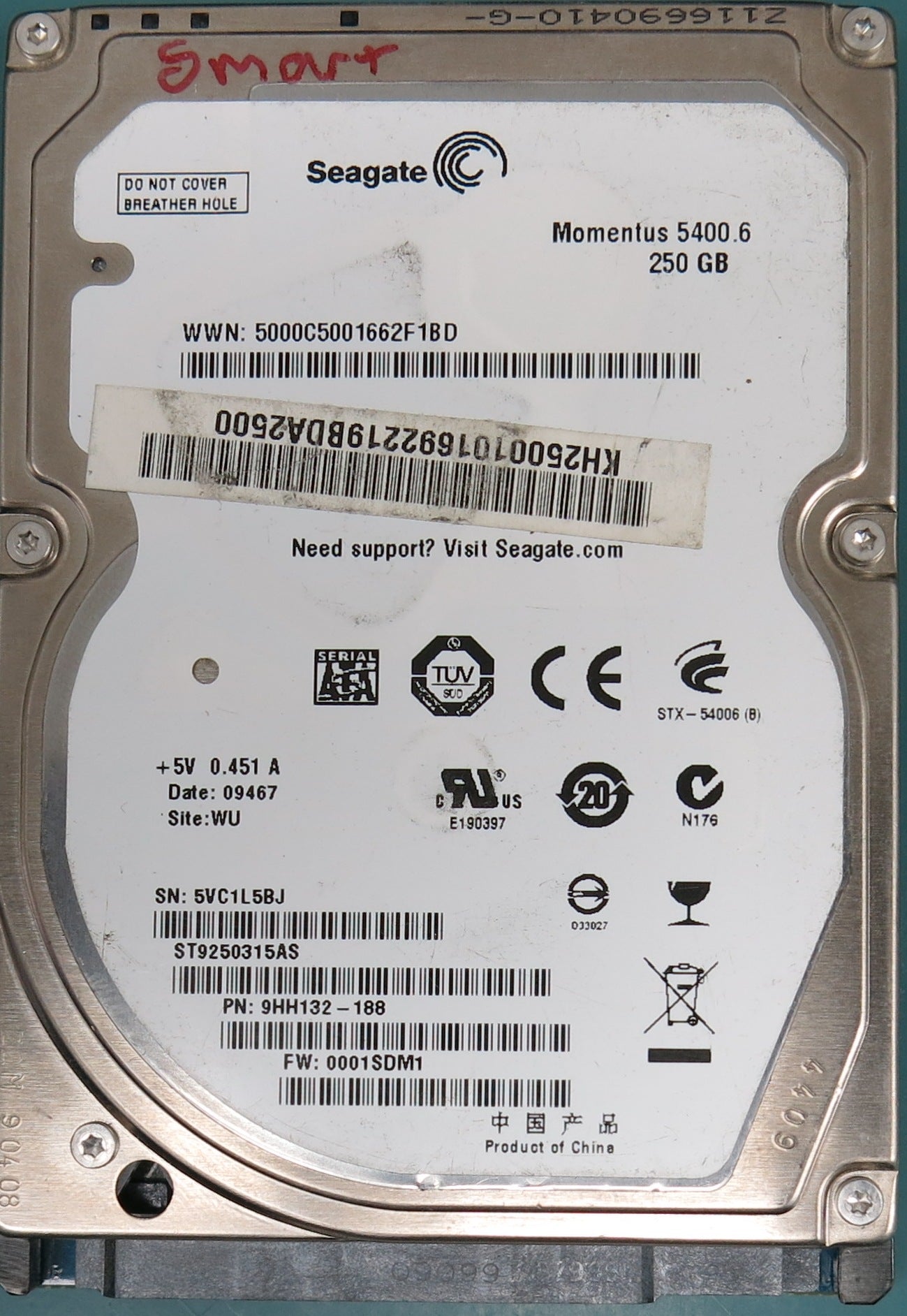 Model: ST9250315AS, Part Number:  9HH132-188, Serial Number: 5VC1L5BJ,  FW: 0001SDM1,  250GB 2.5,  PCB: 100536286 REV B,