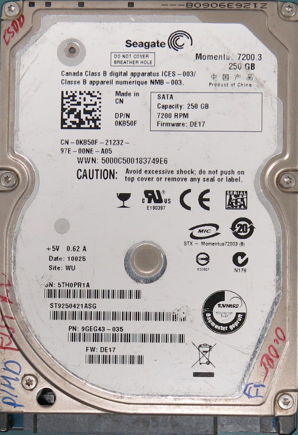 ST9250421ASG, Part Number:  9GEG43-035, FW: DE17, 250GB 2.5