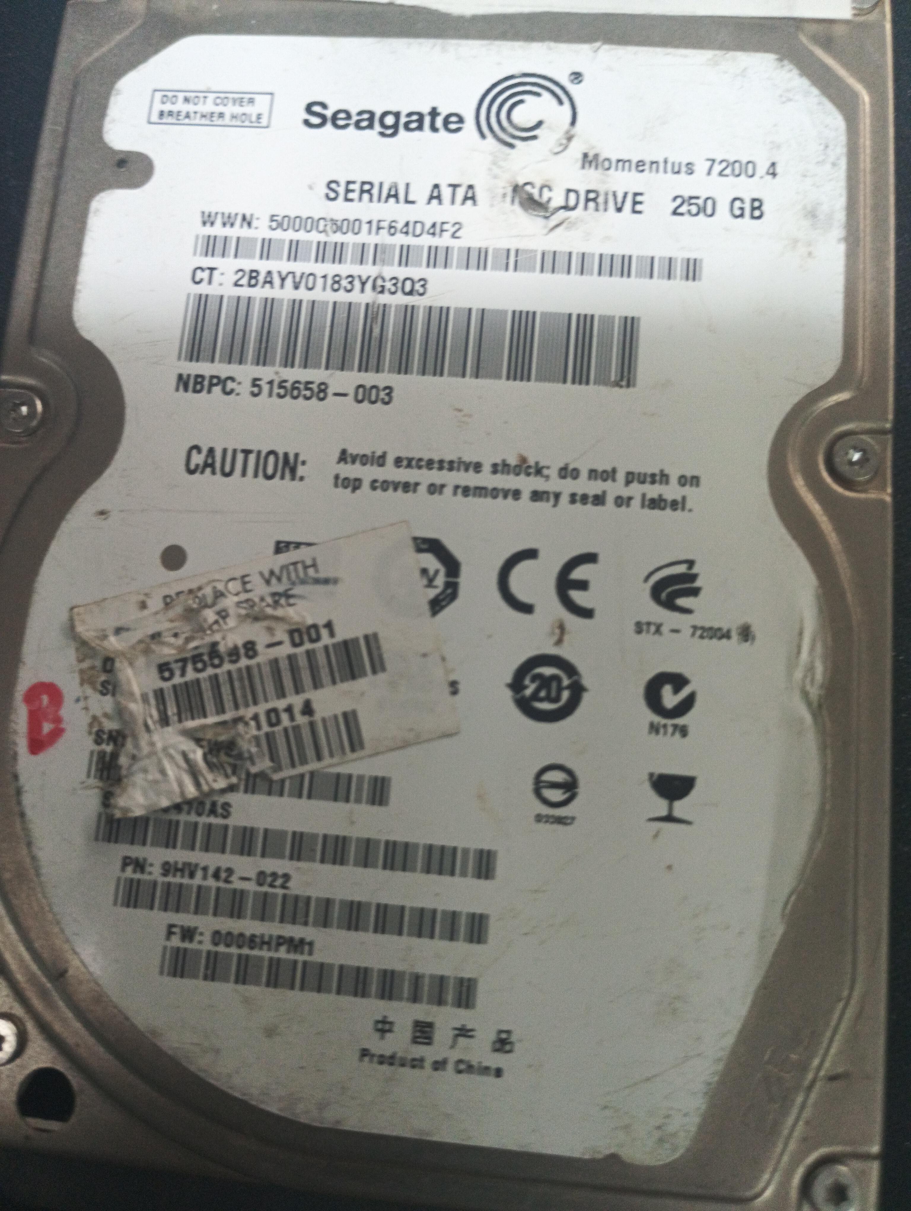ST9250470AS,  P/N: 9HV142-022,  FW: 0006HPM1,  Serial: 5VG2ZEWS,  250GB 2.5,  PCB: 100565308- REV A,