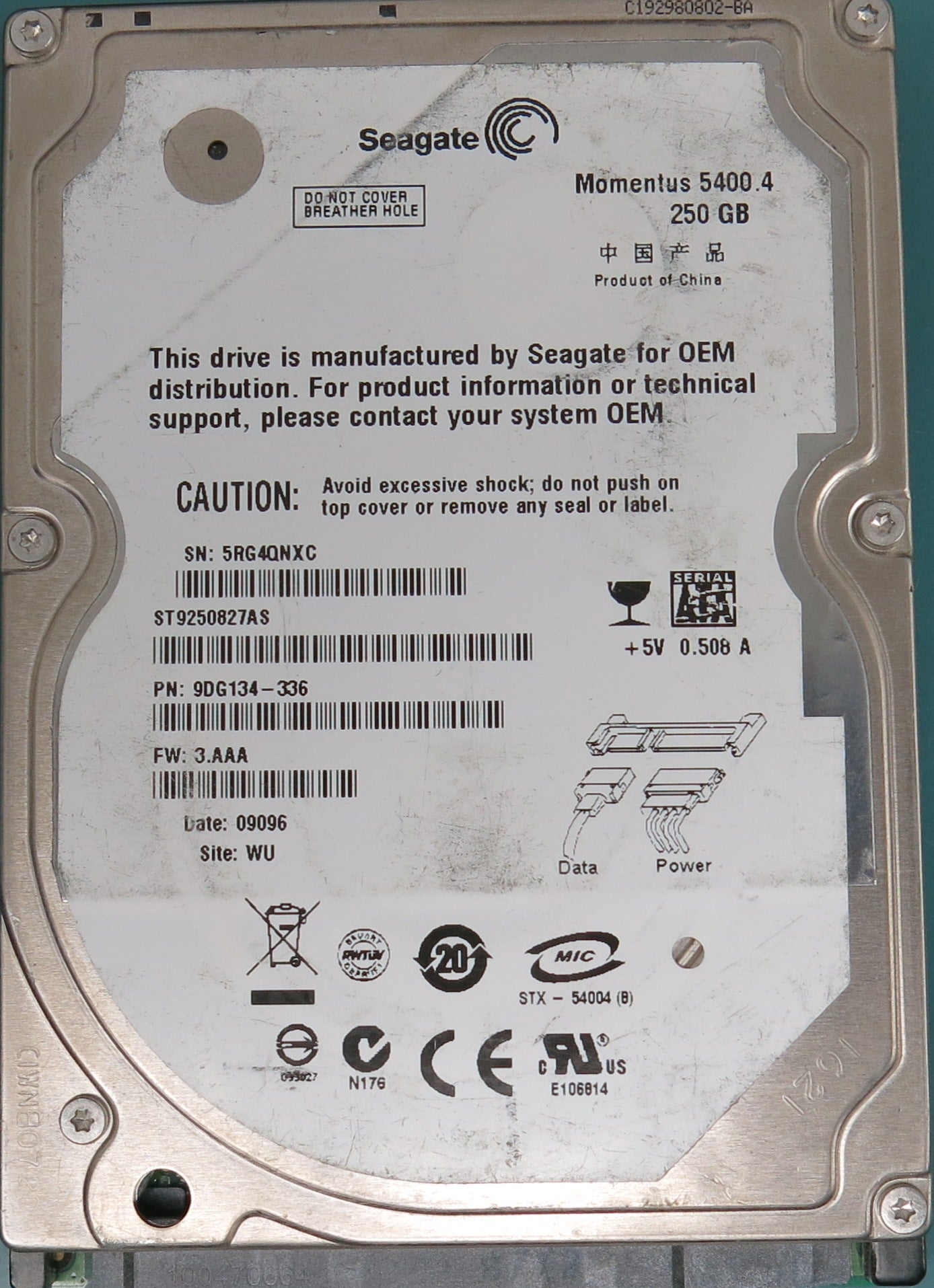 ST9250827AS, Part Number:  9DG134-336, Serial Number: 5RG4QNXC,  FW: 3.AAA,  250GB 2.5,  PCB: 100484444 REV A,