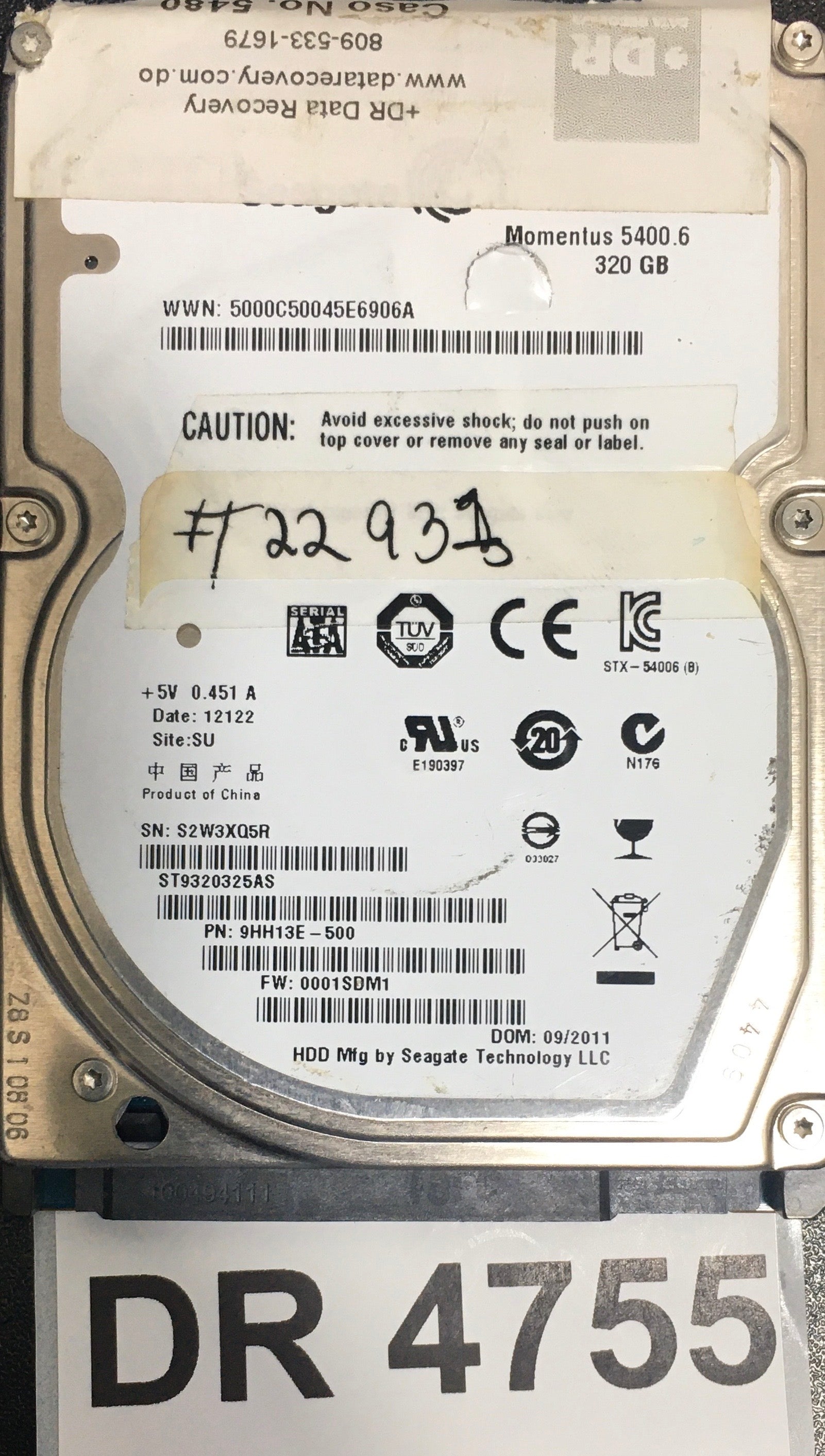 ST9320325AS,  P/N: 9HH13E-500,  FW: 0001SDM1,  Serial: S2W3XQQ5R,  320GB 2.5,  PCB: 100535597- REV D,