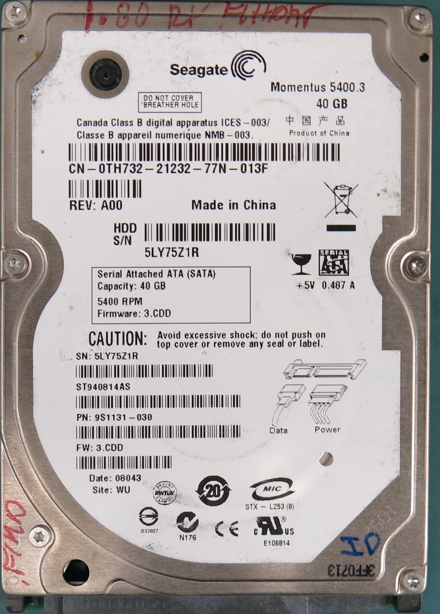 ST940814AS, P/N:  9S1131-030, FW: 3.CDD, 40GB 2.5