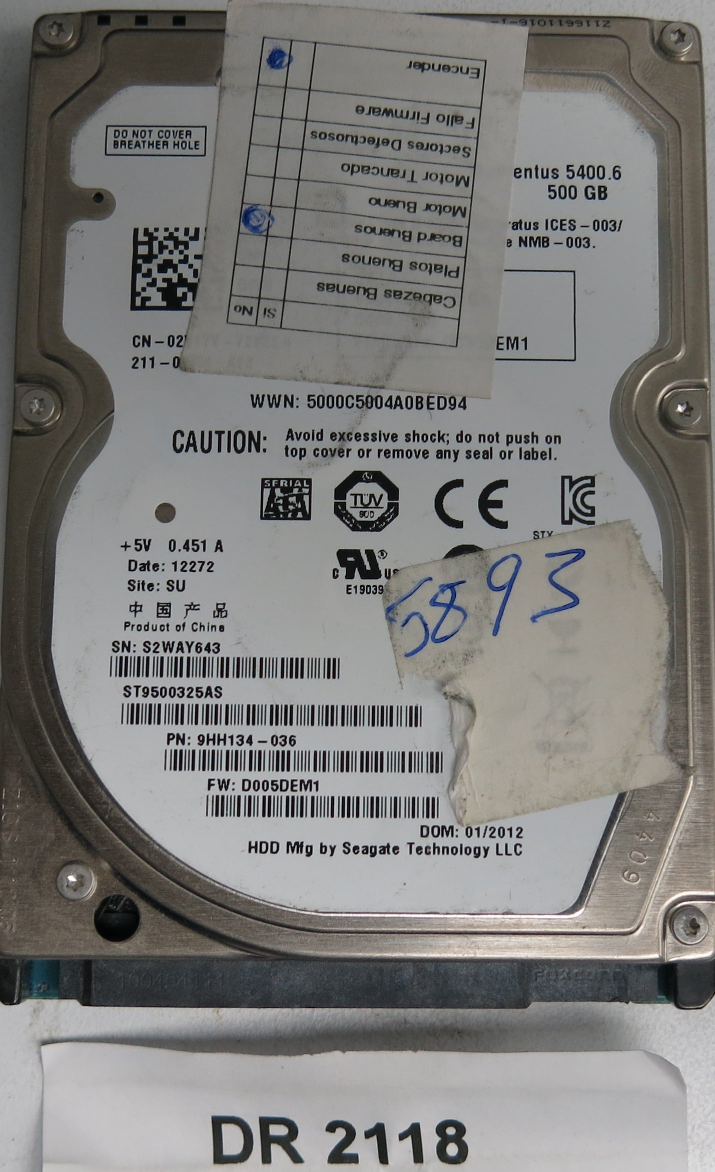 ST9500325AS, P/N: 9HH134-036, FW: D005DEM1, Serial: S2WAY643, 500GB 3.5
