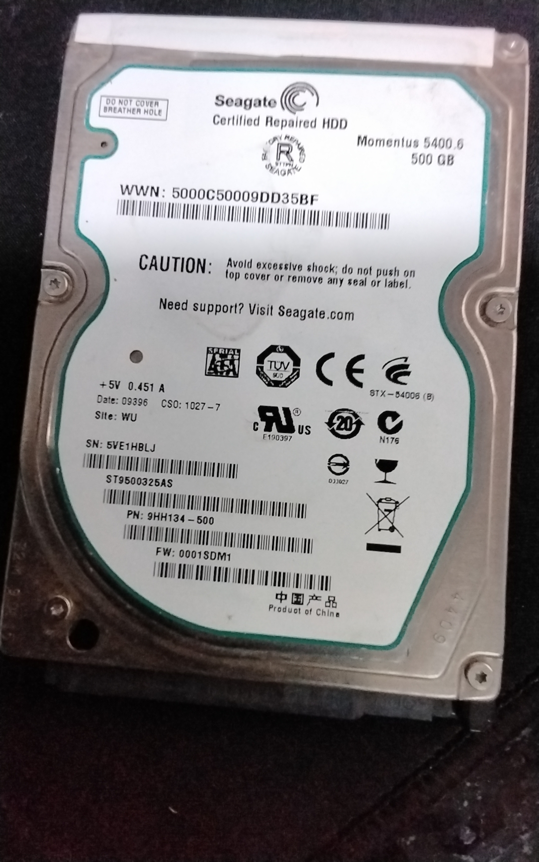 ST9500325AS,  P/N: 9HH134-500,  FW: 0001SDM1,  Serial: 5VE1HBLJ,  500GB 2.5,  PCB: 100535597- REV B,