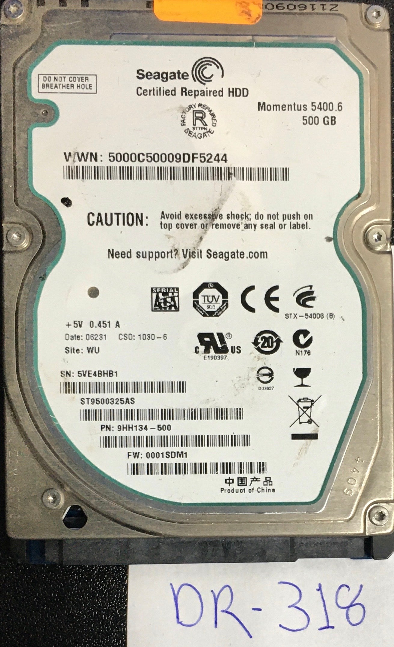 ST9500325AS,  P/N: 9HH134-500,  FW: 0001SDM1,  Serial: 5VE4BHB1,  500GB 2.5,  PCB:100536286- REV E