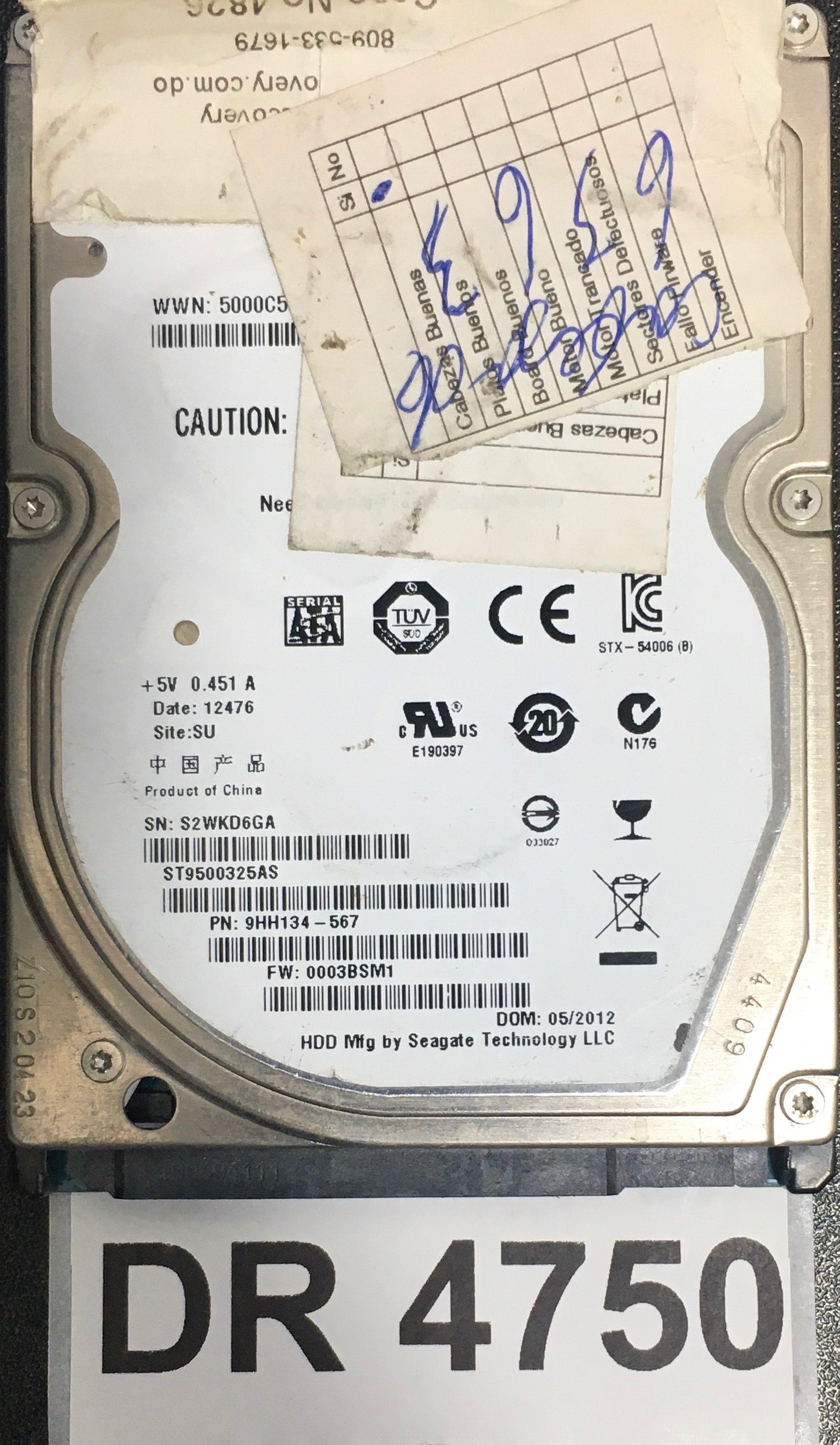 ST9500325AS,  P/N: 9HH134-567,  FW: 0003BSM1,  Serial: S2WKD6GA,  500GB 2.5,  PCB: 100664637- REV A,