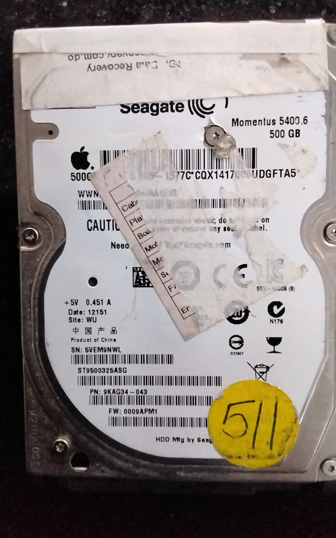 ST9500325ASG,  P/N: 9KAG34-043,  FW: 0009APM1,  Serial: 5VEM9NWL,  500GB 2.5,  PCB: 100565308- REV A,