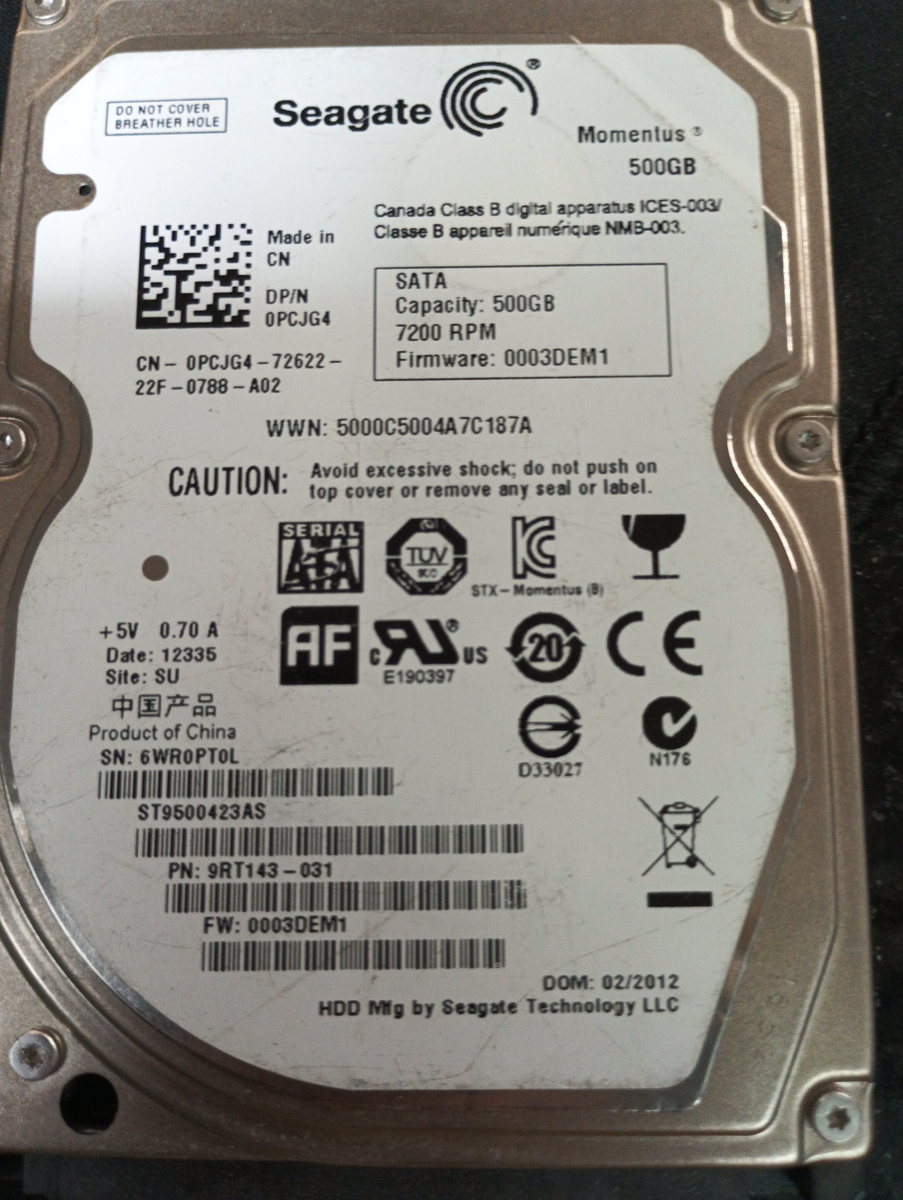 ST9500423AS,  P/N: 9RT143-031,  FW: 0003DEM1,  Serial: 6WR0PT0L,  500GB 2.5  PCB:100619769- REV A