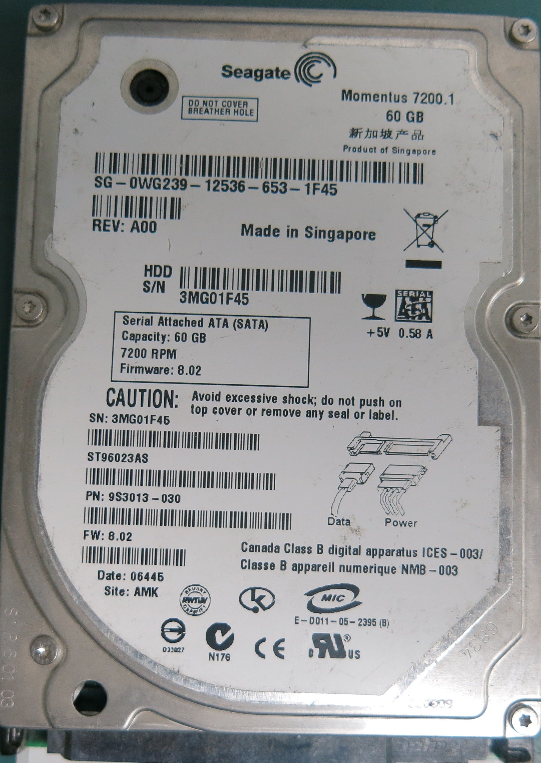ST96023AS, P/N: 9S3013-030, FW: 8.02, Serial: 3MG01FA5, 60 GB 2.5, PCB: 100349359 REV D