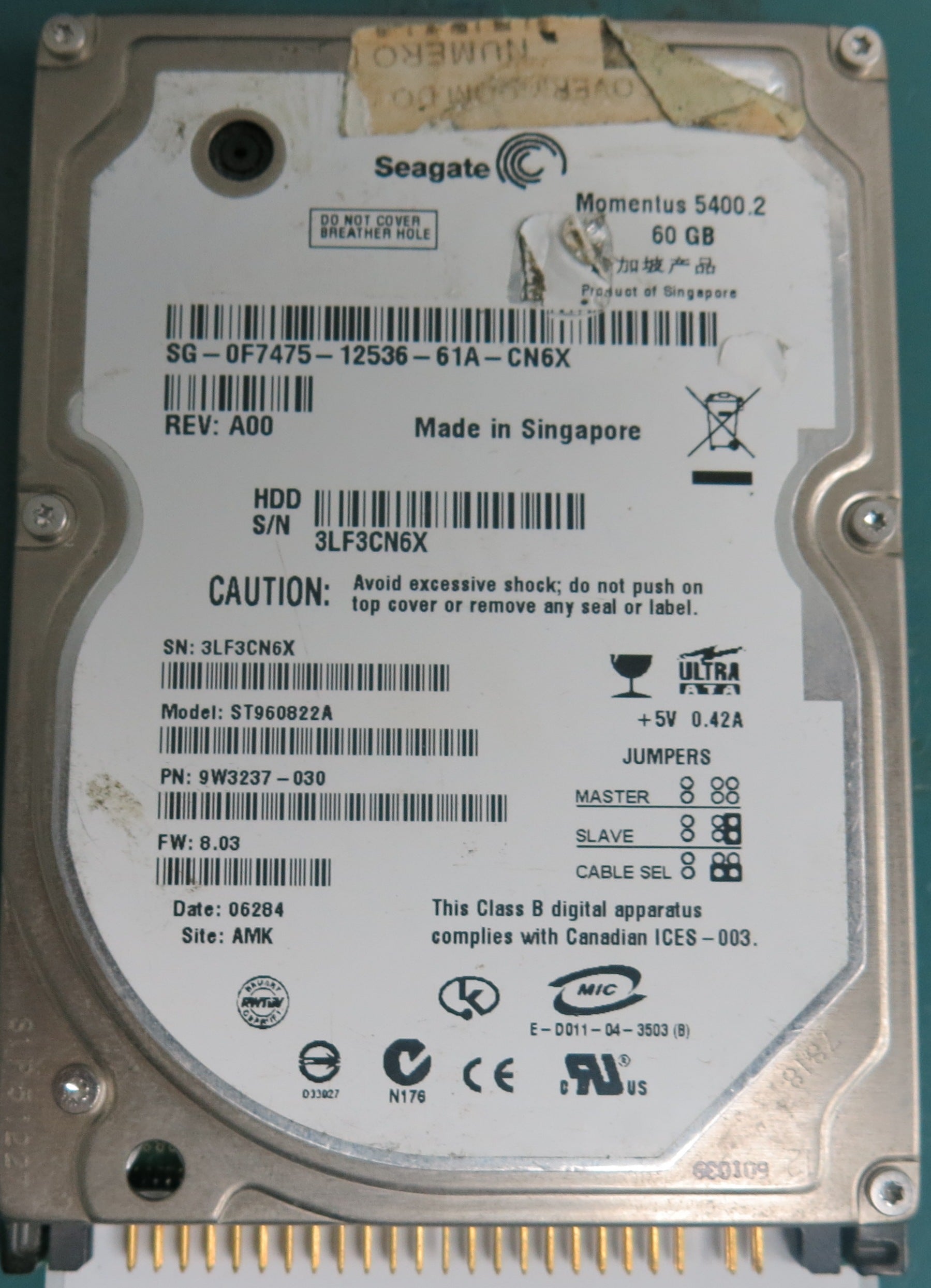 ST960822A, P/N: 9W3237-030, FW: 8.03, Serial: 3LF3CN6X, 60GB 2.5