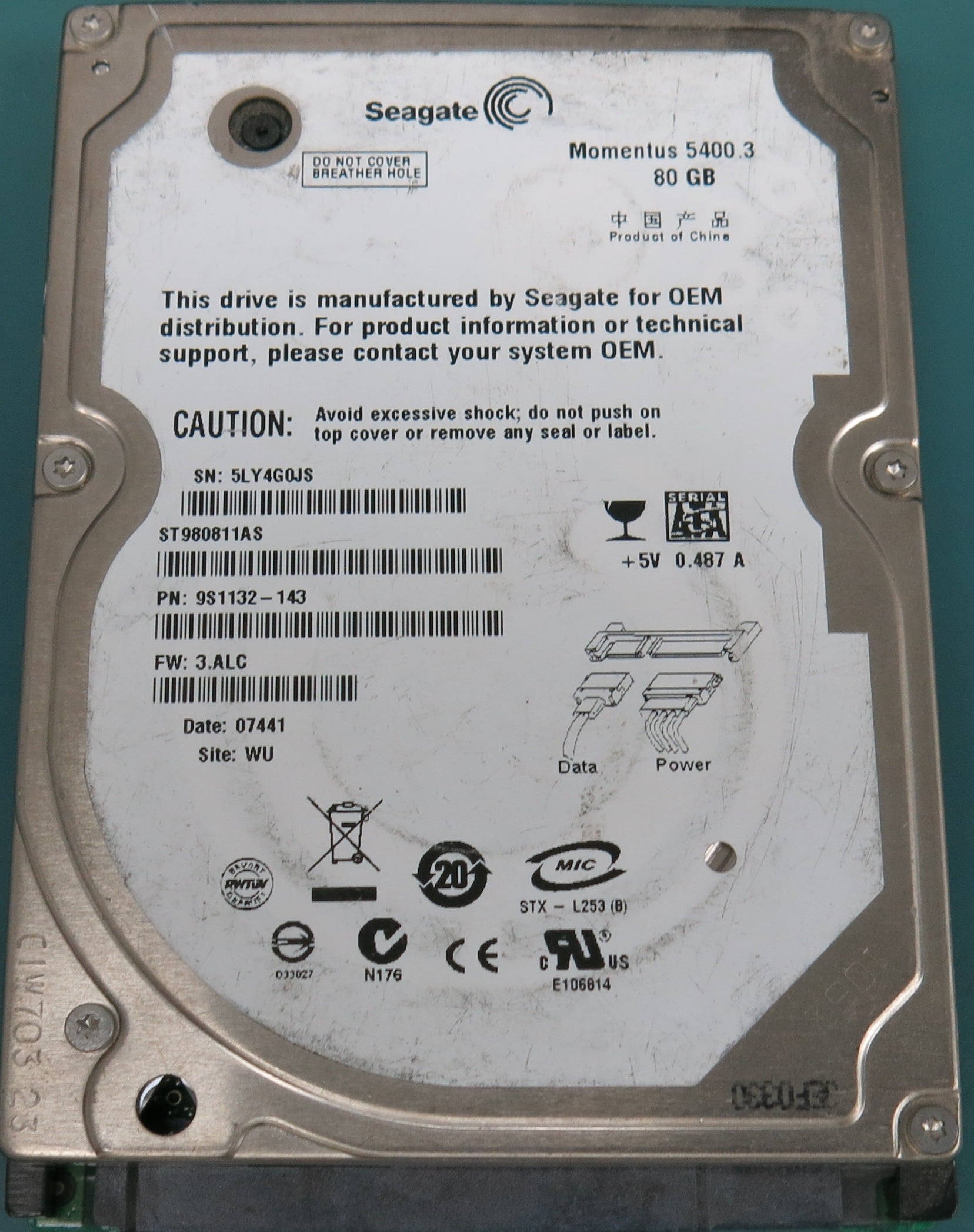 ST980811AS, P/N:  9S1132-143, FW: 3.ALC, 80GB 2.5