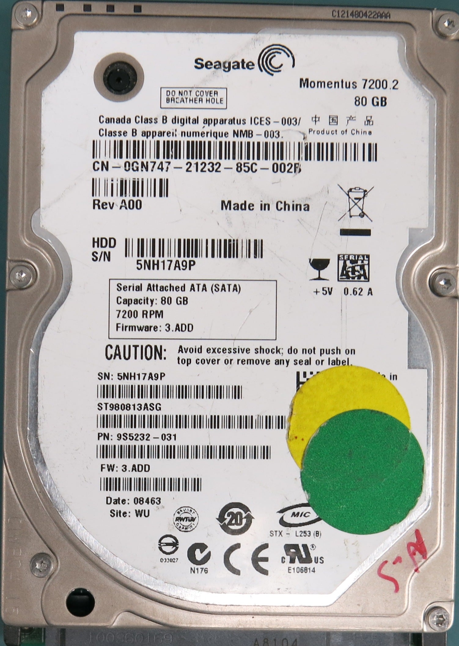 ST980813ASG, P/N:  9S5232-031, FW: 3.ADD, 80GB 2.5