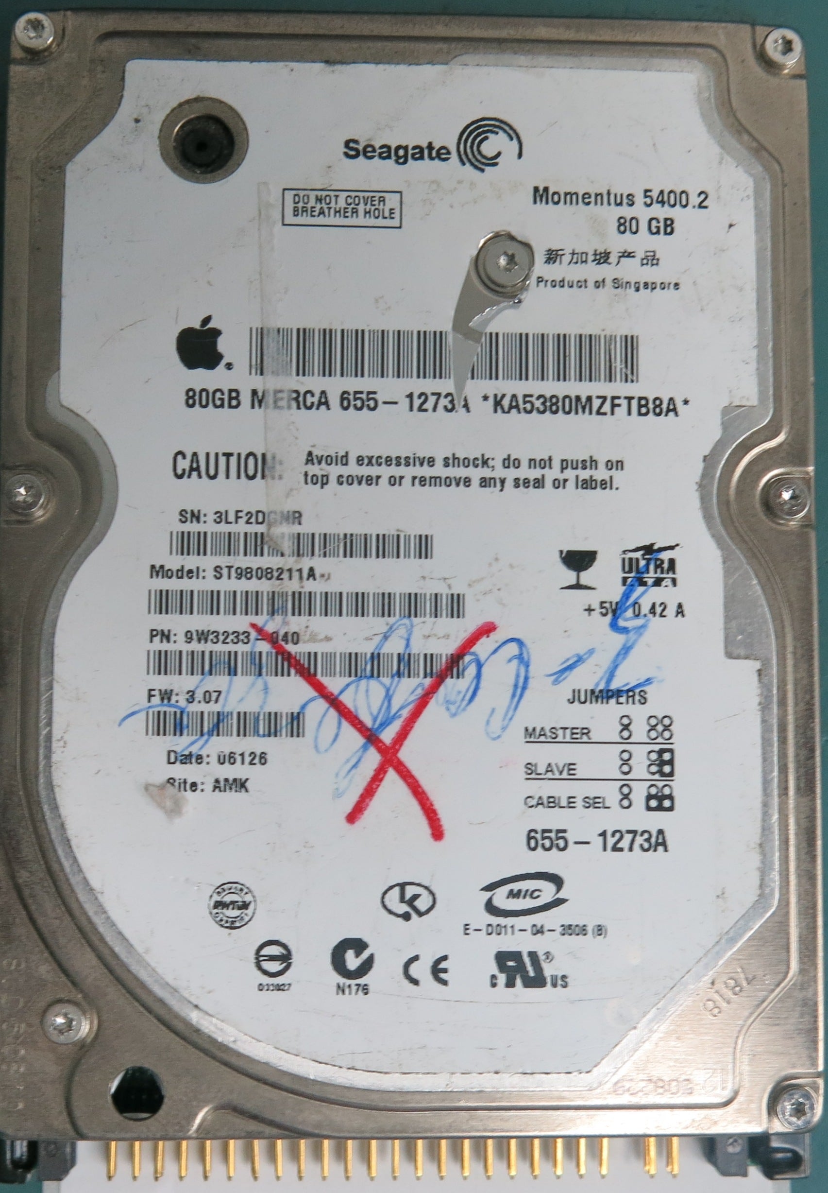 ST9808211A, P/N: 9W3233-040, FW: 3.07, Serial: SLF2DGNR, 80GB 2.5