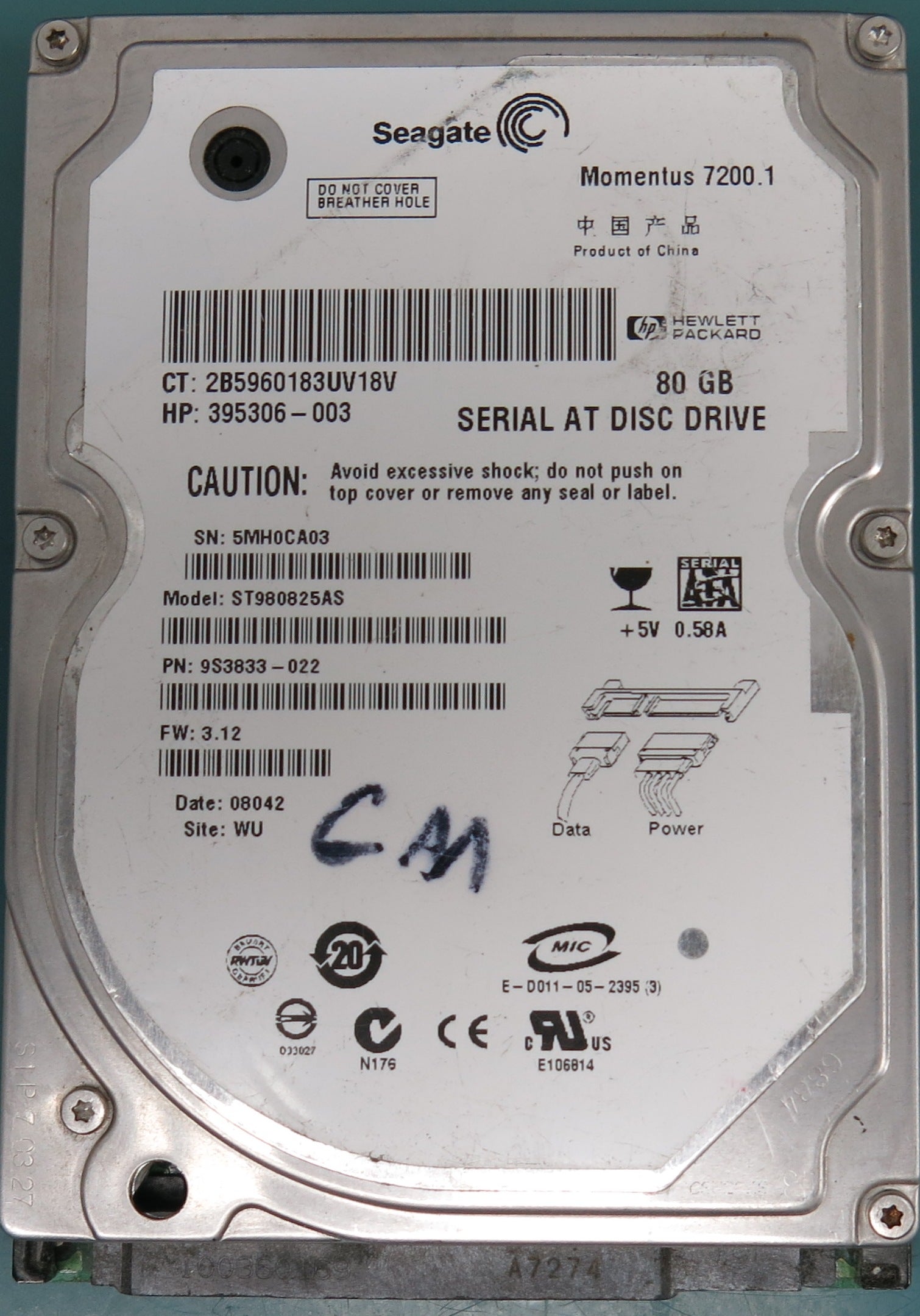 ST980825AS  P/N:  9S3833-022  FW: 3.12  Serial Number: S5MH0CA03  80GB 2.5  PCB: 100397877 REV A