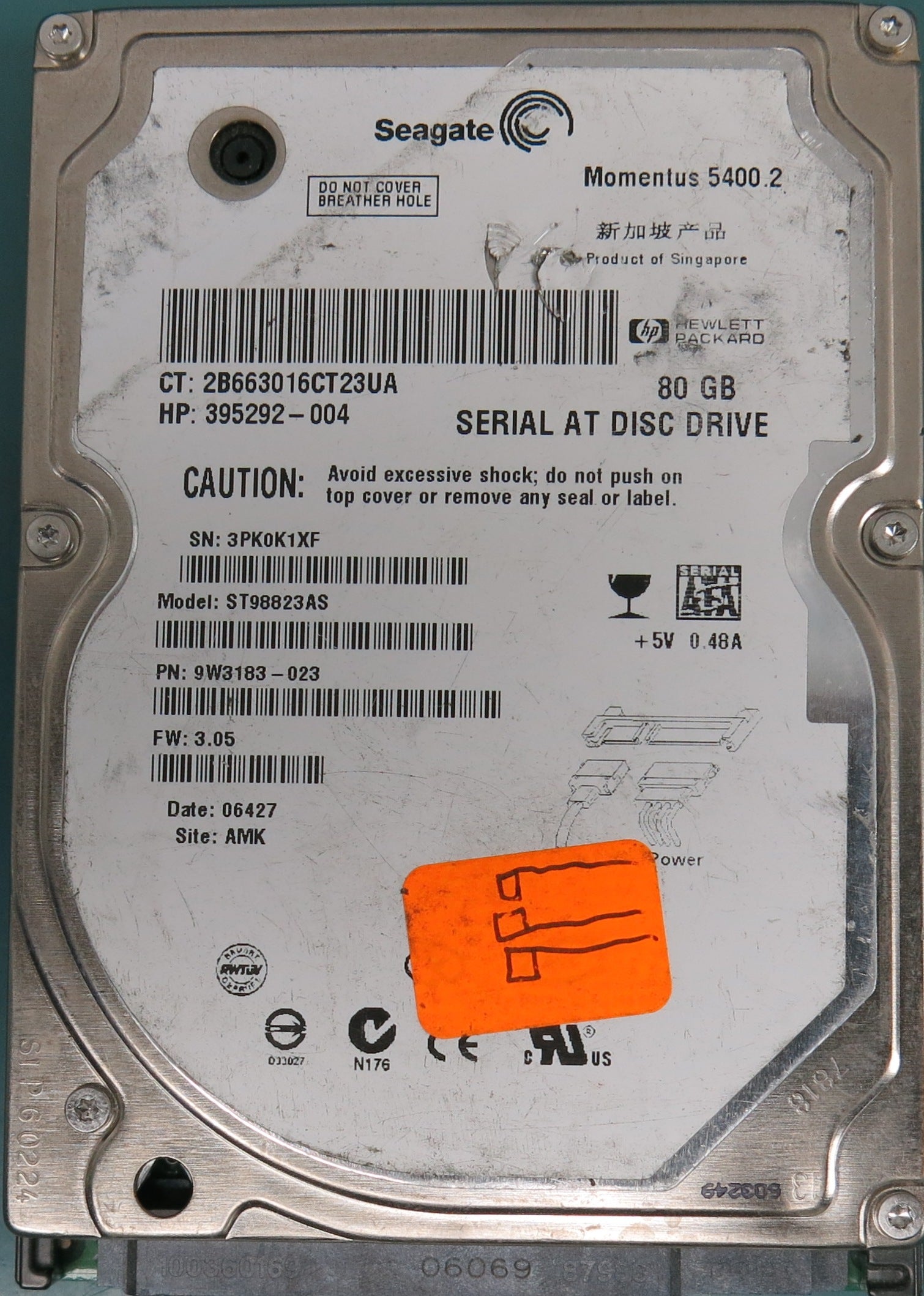 ST98823AS, P/N:  9W3183-023,  FW: 3.05, Serial Number: 3PK0K1XF,  80GB 2.5,  PCB: 100397877 REV A,