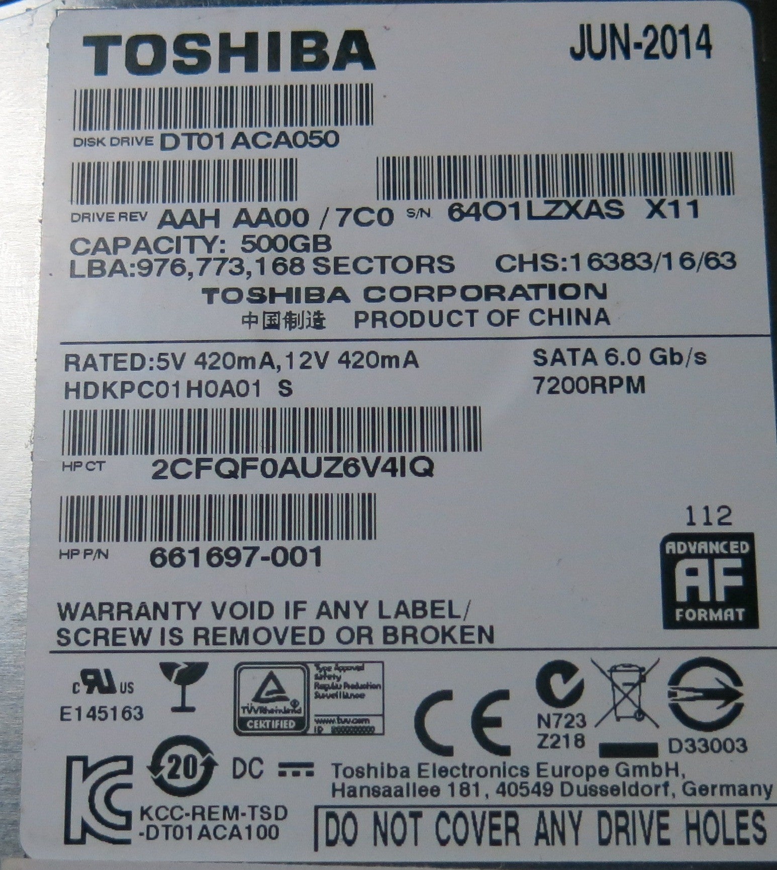 TOSHIBA DT01ACA050,  PCB