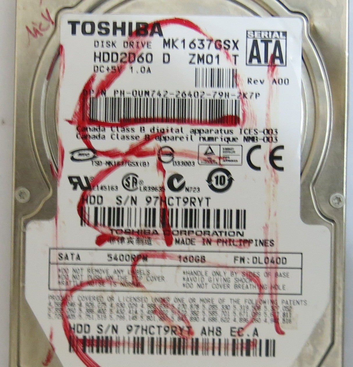 TOSHIBA MK1637GSX HDD2D60 D ZM1 T G5B001851000-A PCB