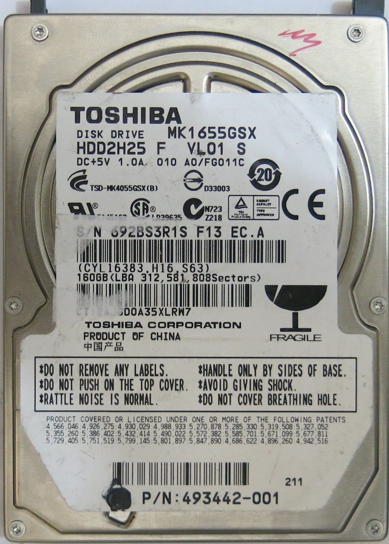 TOSHIBA MK1655GSX HDD2H25 F VL01 S G002439-0A PCB