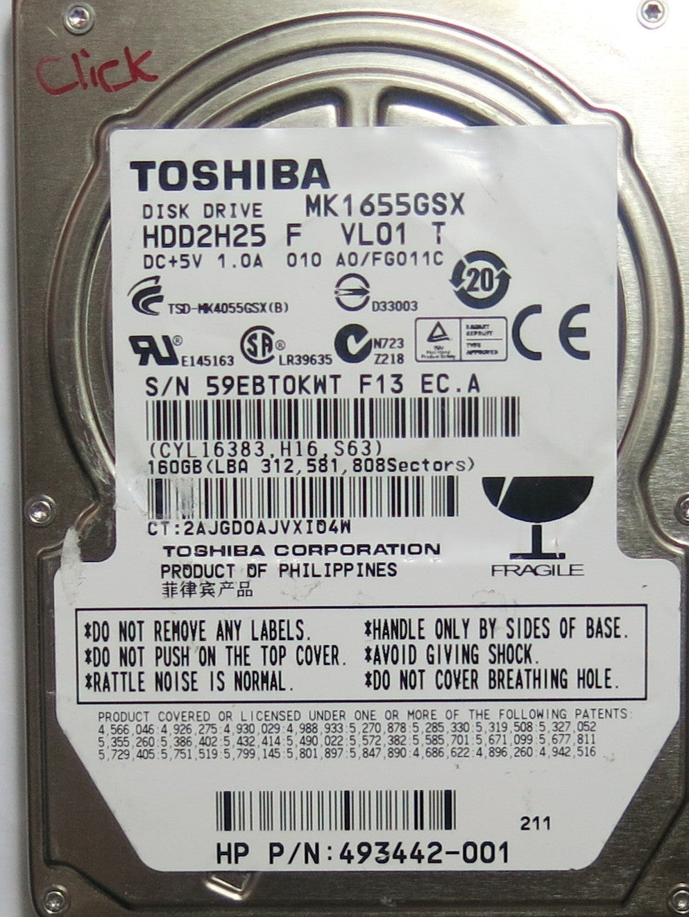 TOSHIBA MK1655GSX HDD2H25 F VL01 T,  PCB