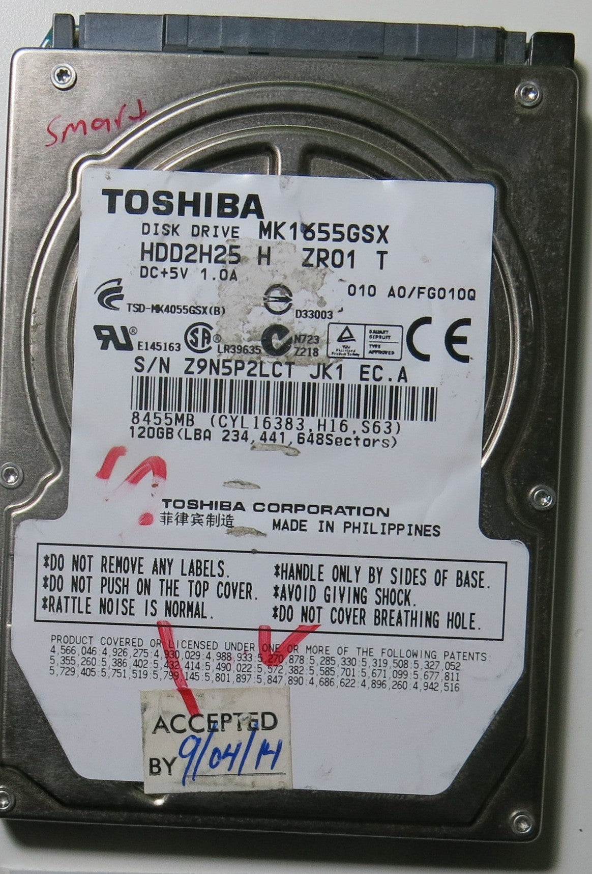 MK1655GSX HDD2H25 H ZR01 T PCB G002439-0A,  120.GB
