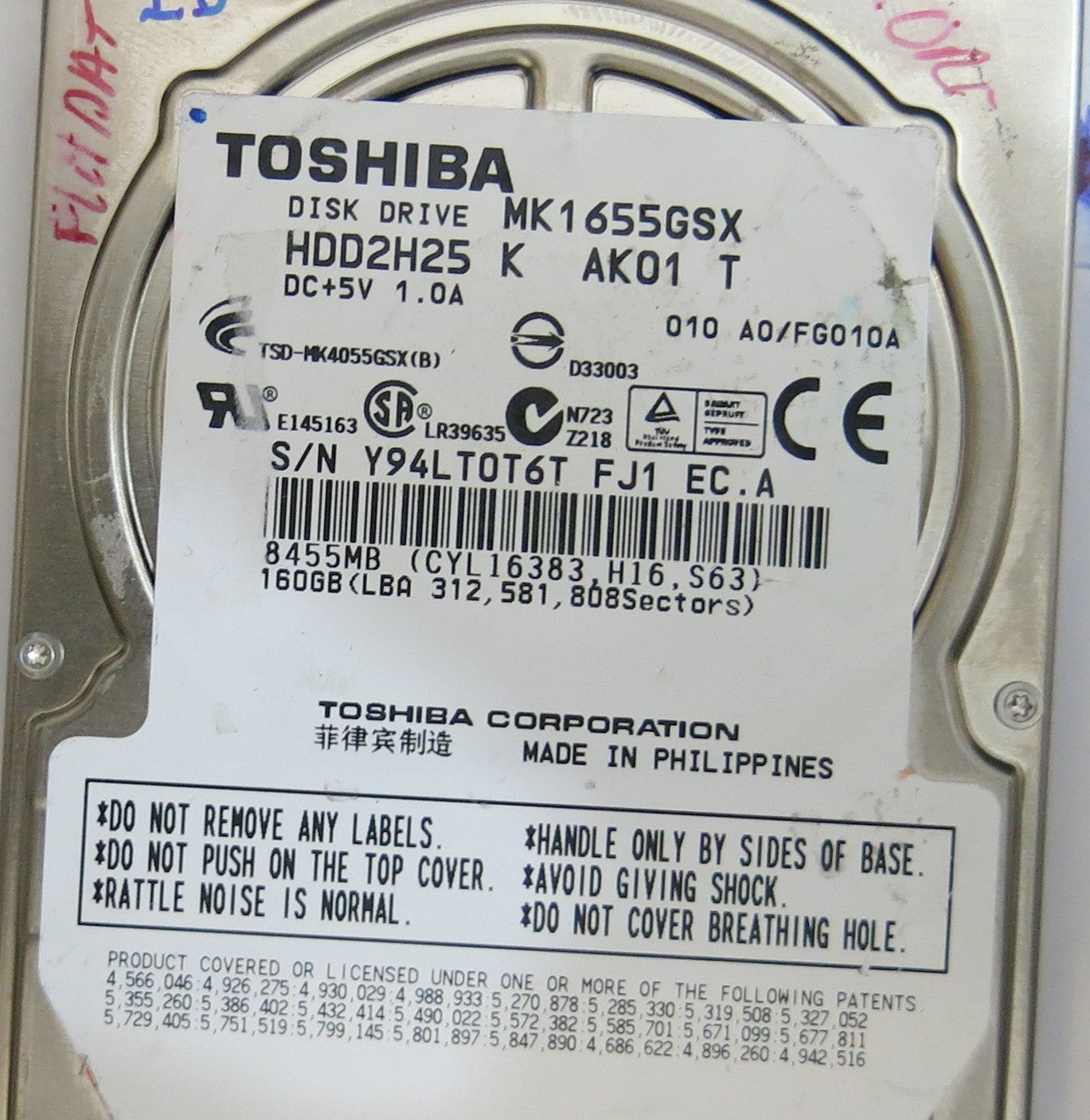 TOSHIBA MK1655GSX HDD2H25 K AK01 T G002439-0A PCB