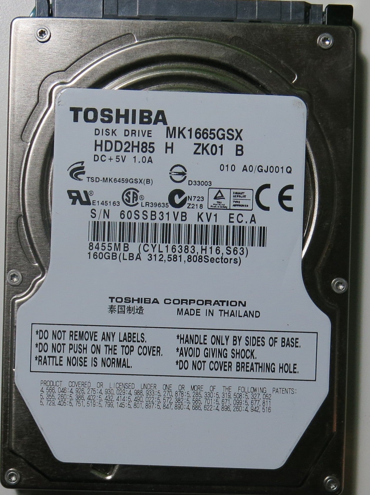 MK1665GSX HDD2H85 H ZK01 B PCB G002641A,  160.GB