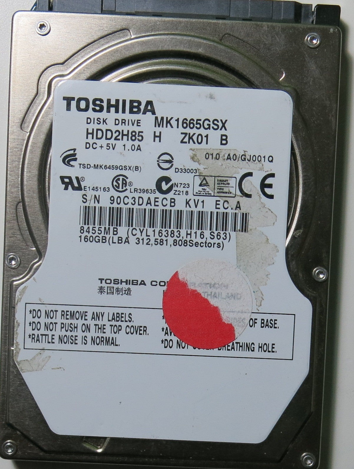 MK1665GSX HDD2H85 H ZK01 B PCB G002641A,  160.GB