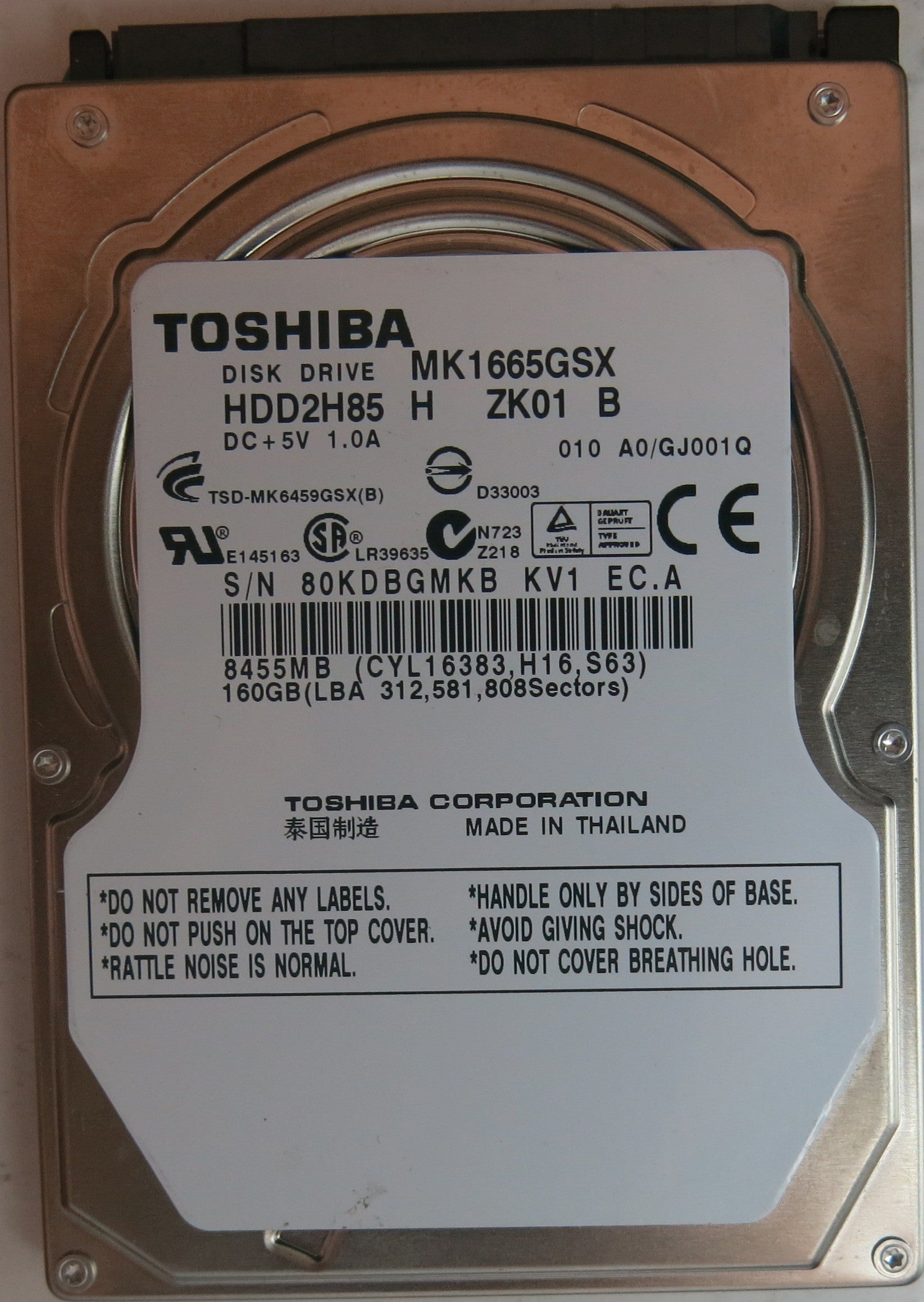 MK1665GSX HDD2H85 H ZK01 B PCB G002641A 160 GB