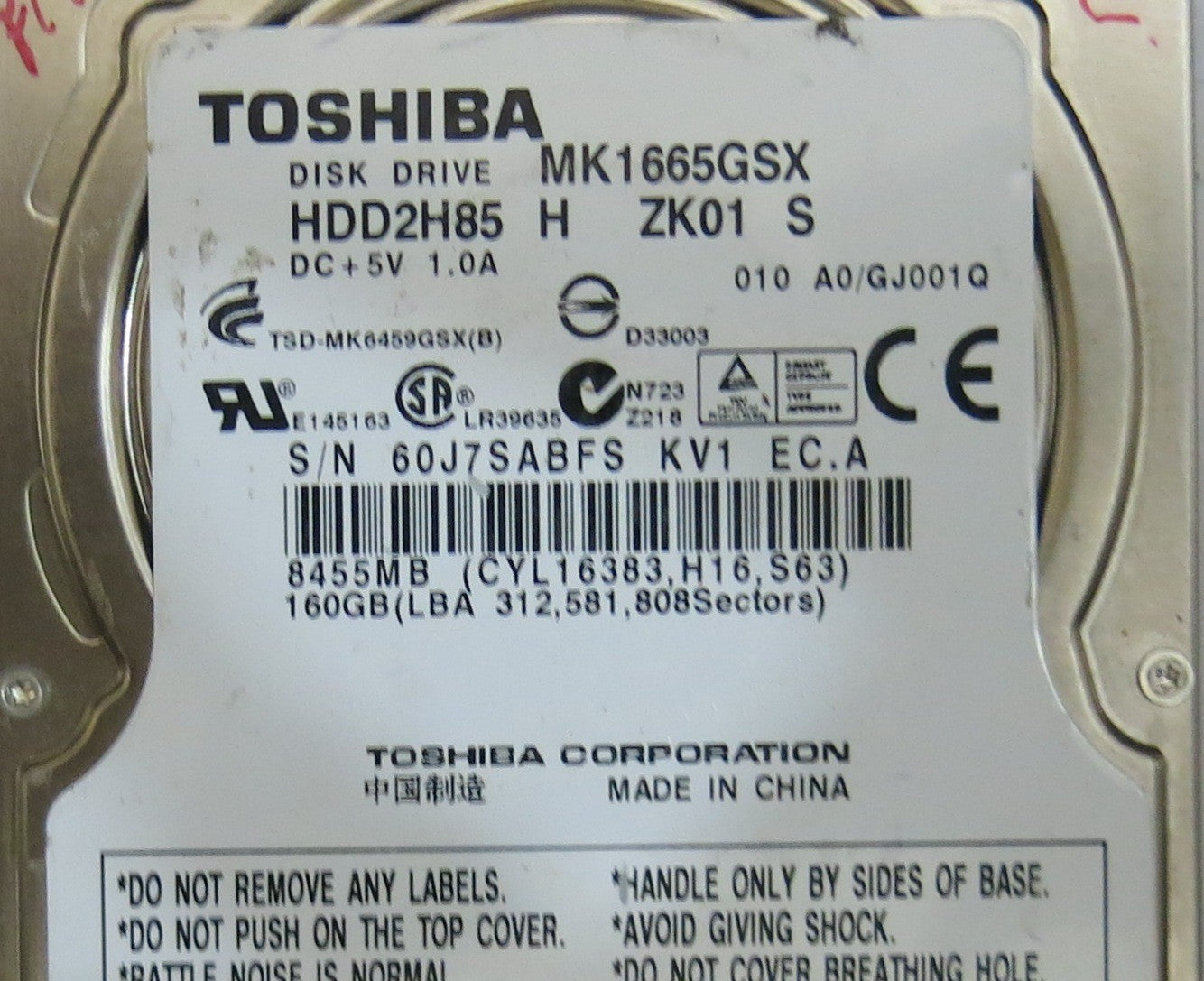 TOSHIBA MK1665GSX HDD2H85 H ZK01 S G002641A PCB