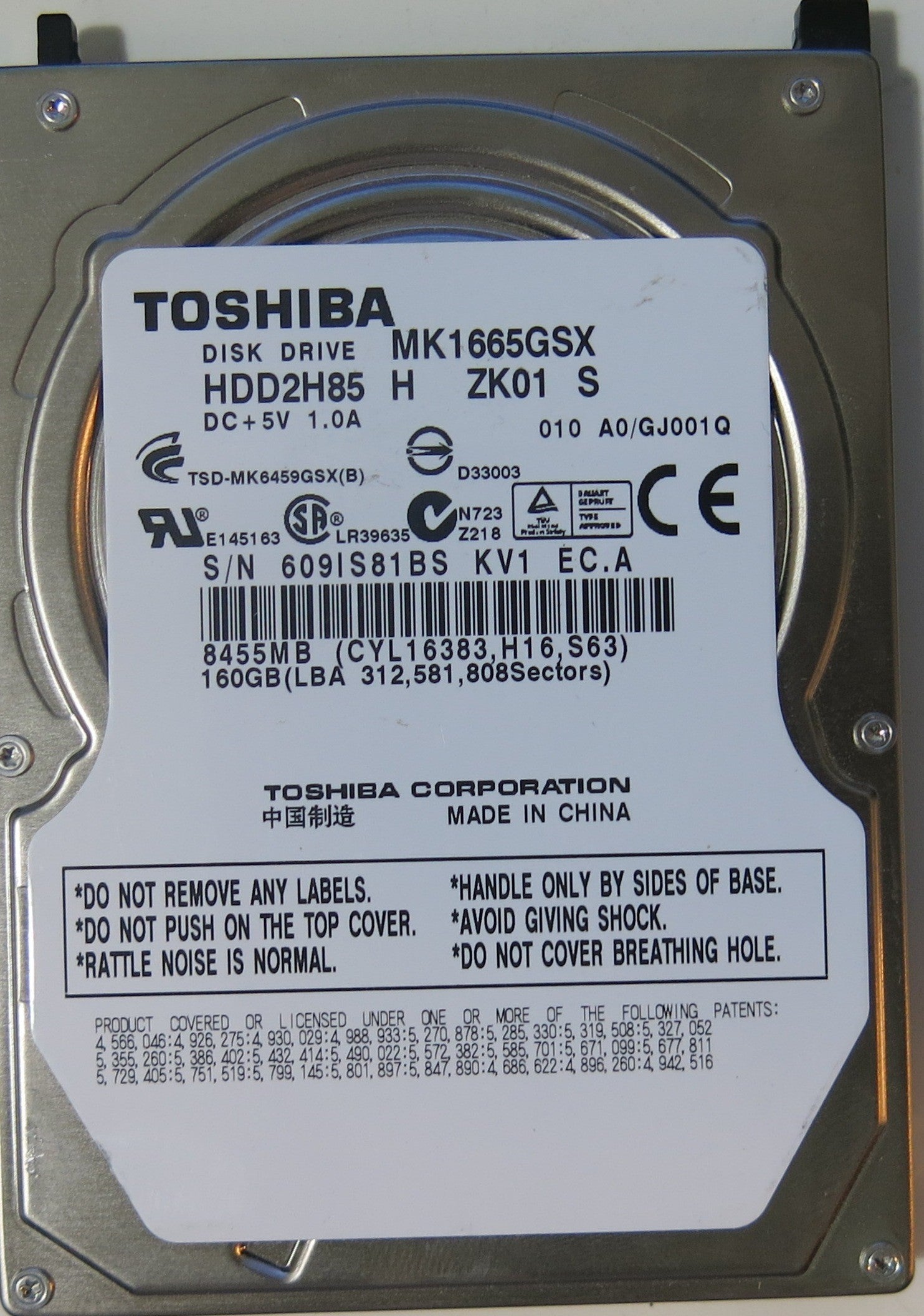 TOSHIBA MK1665GSX HDD2H85 H ZK01 S,  PCB