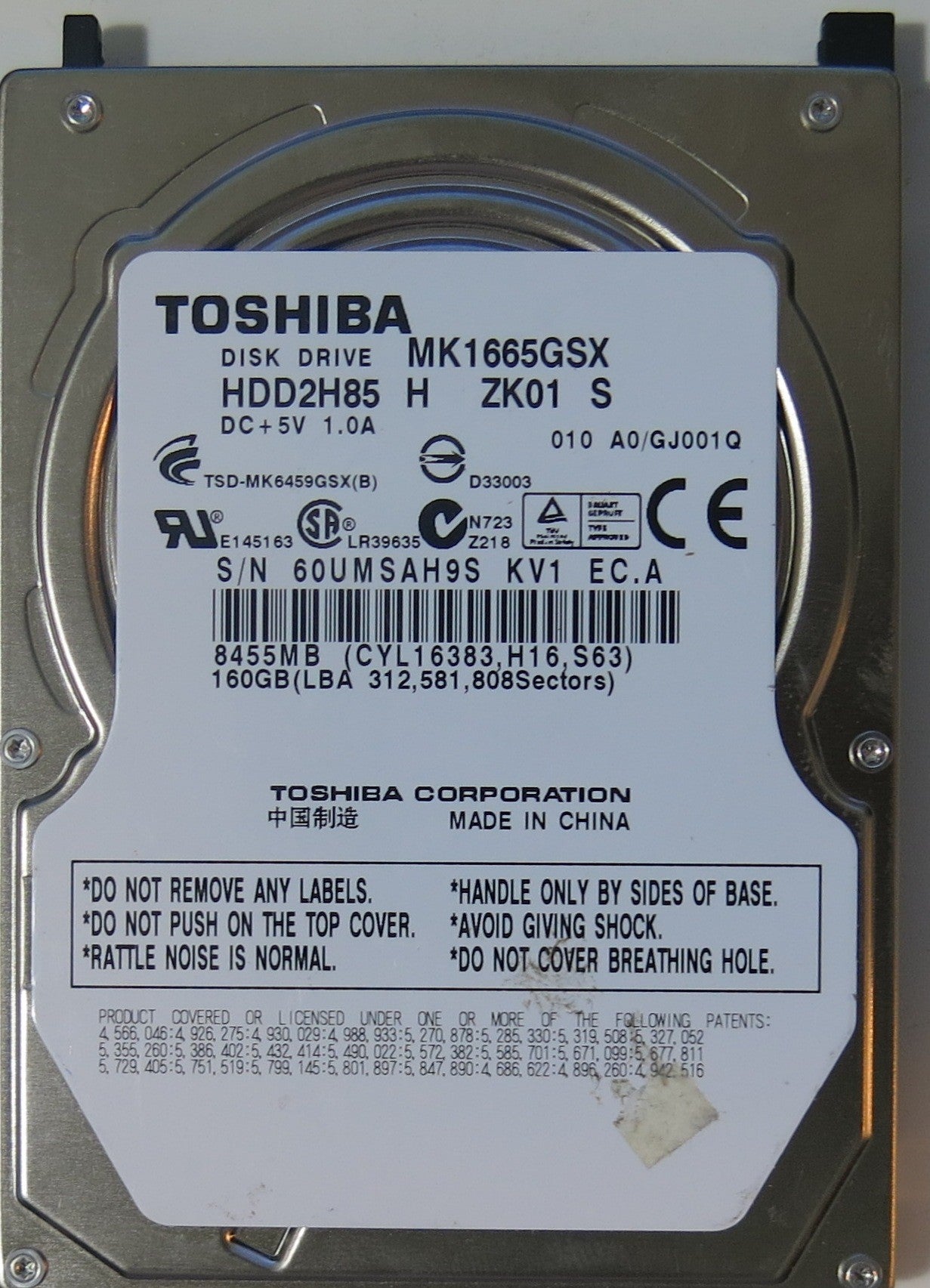 TOSHIBA MK1665GSX HDD2H85 H ZK01 S,  PCB