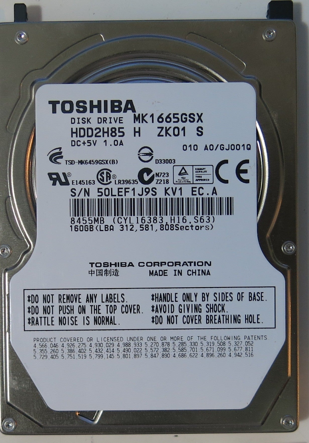 TOSHIBA MK1665GSX HDD2H85 H ZK01 S,  PCB