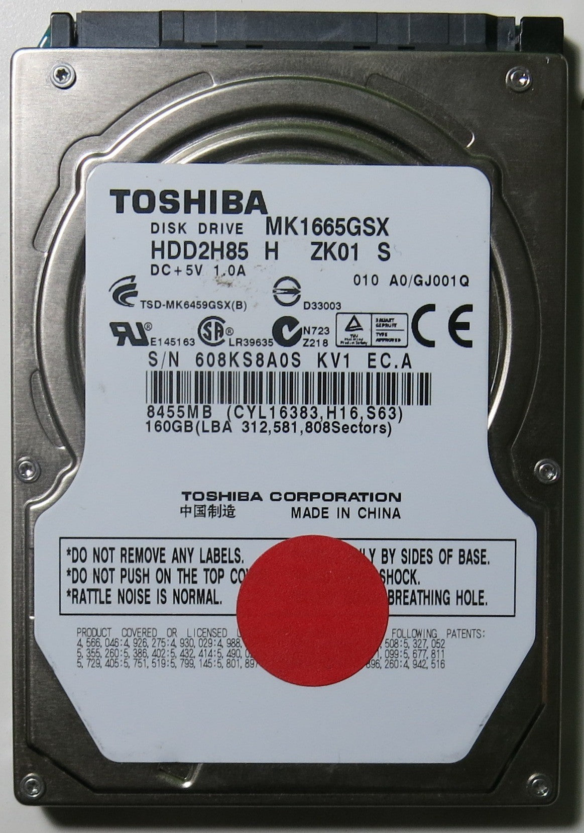 MK1665GSX HDD2H85 H ZK01 S PCB G002641A,  160.GB
