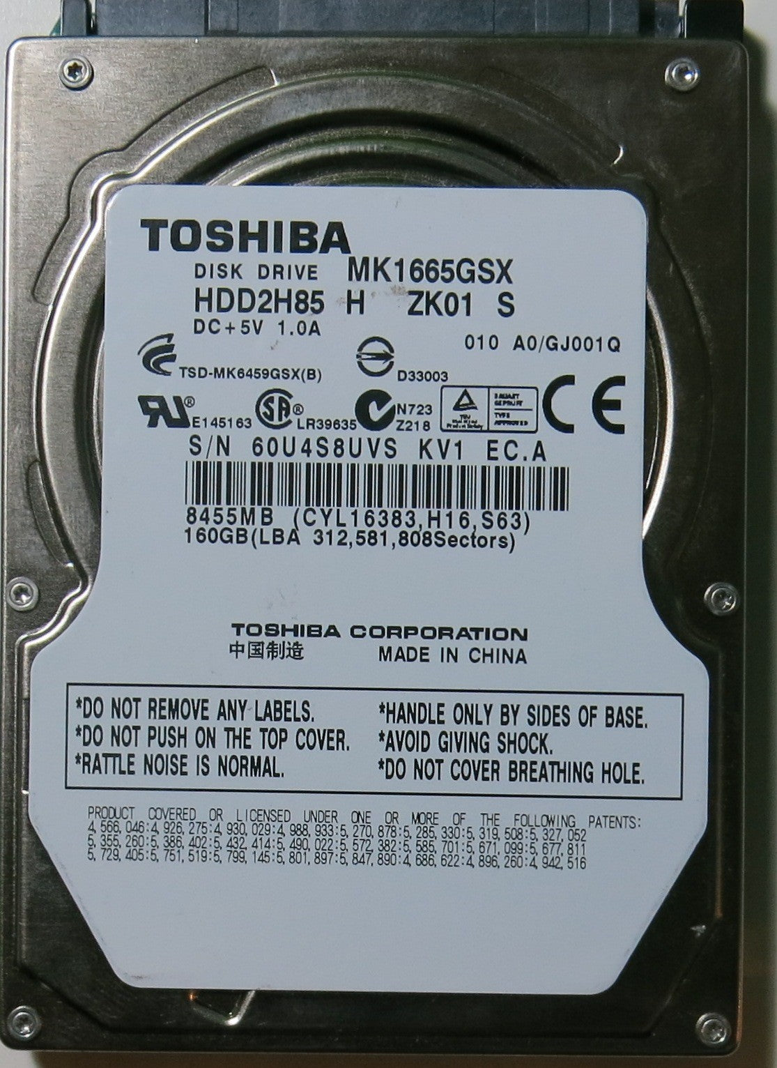 MK1665GSX HDD2H85 H ZK01 S PCB G002641A,  160.GB