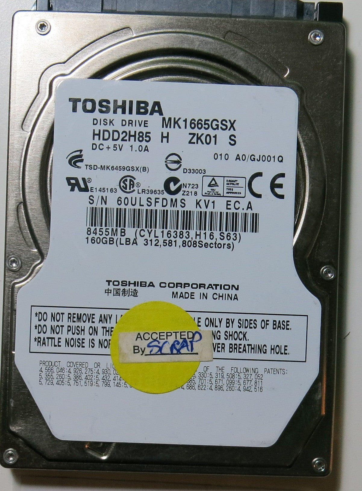 MK1665GSX HDD2H85 H ZK01 S PCB G002641A,  160.GB