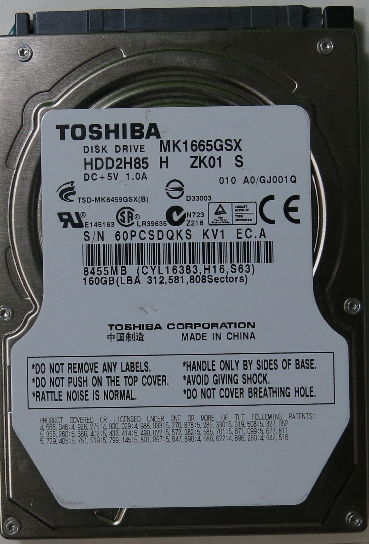 TOSHIBA MK1665GSX HDD2H85 H ZK01 S PCB G002641A,  160.GB
