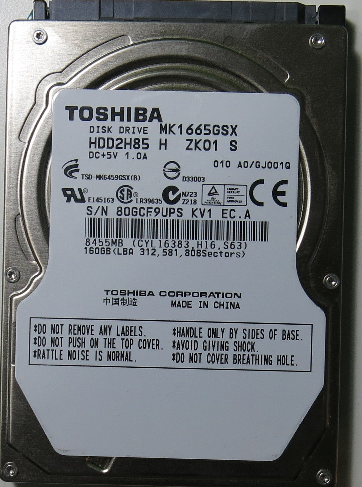 MK1665GSX HDD2H85 H ZK01 S PCB G002641A,  160.GB