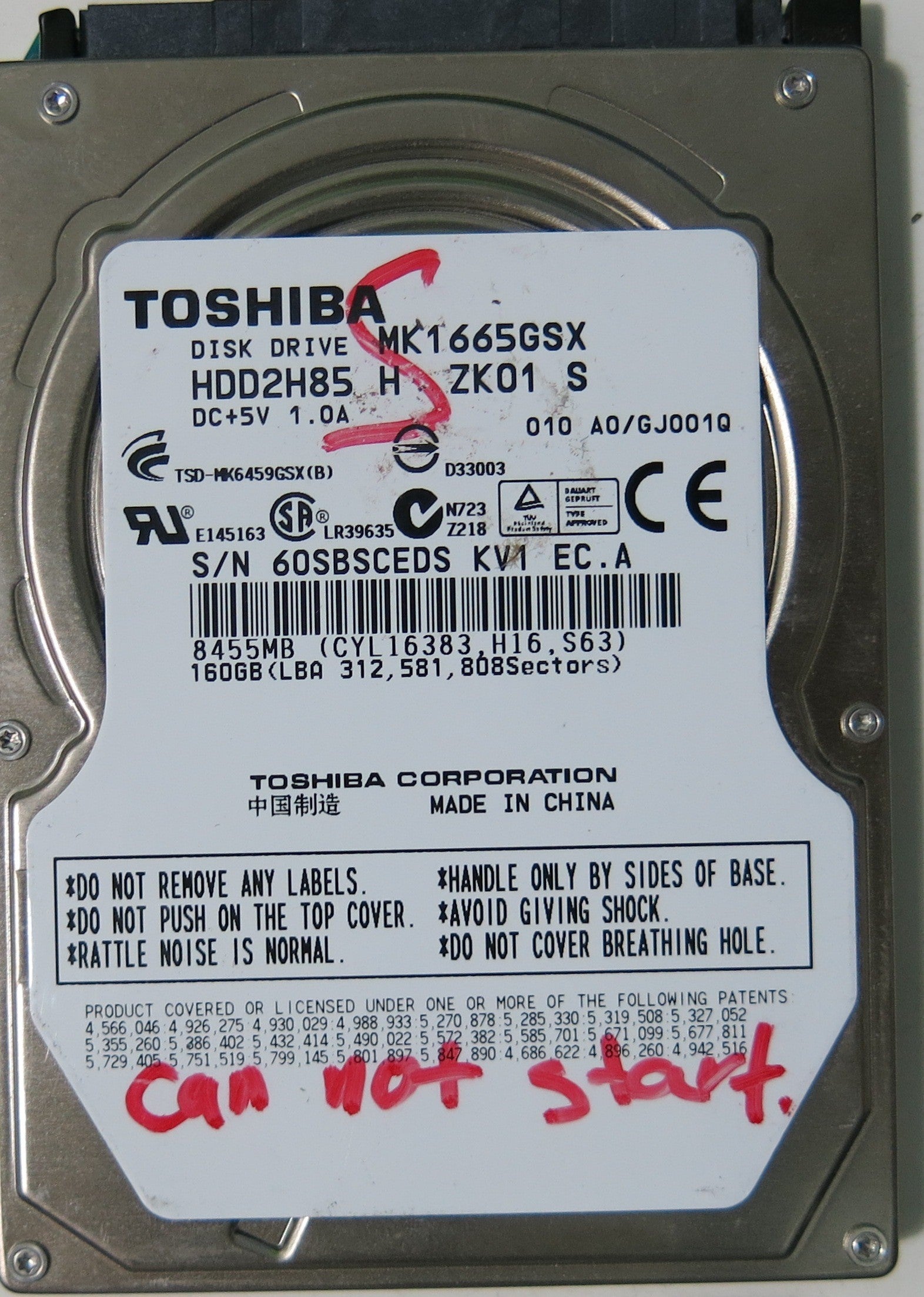 MK1665GSX HDD2H85 H ZK01 S  PCB G002641A,  160.GB