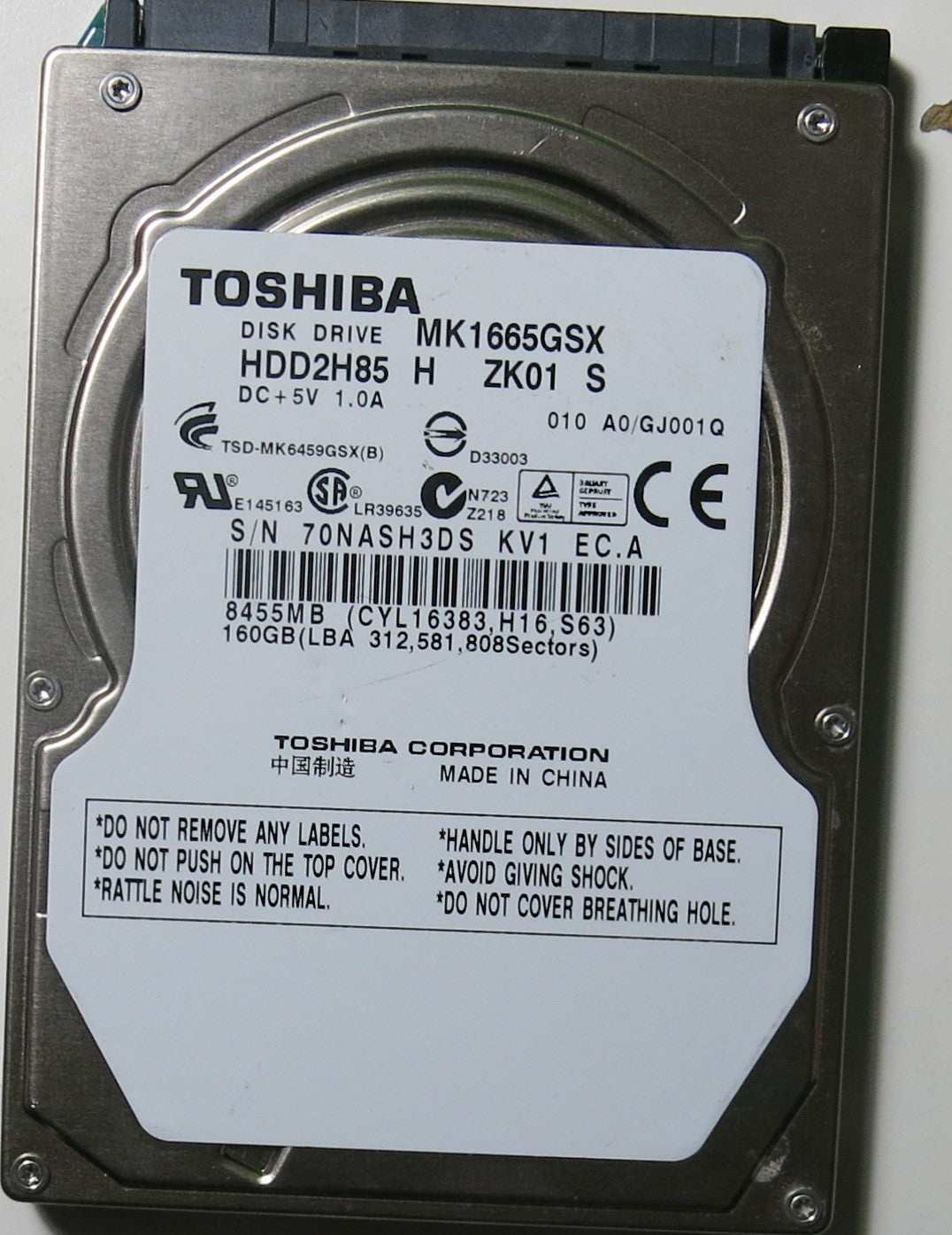 MK1665GSX HDD2H85 H ZK01 S PCB G002641A,  160.GB